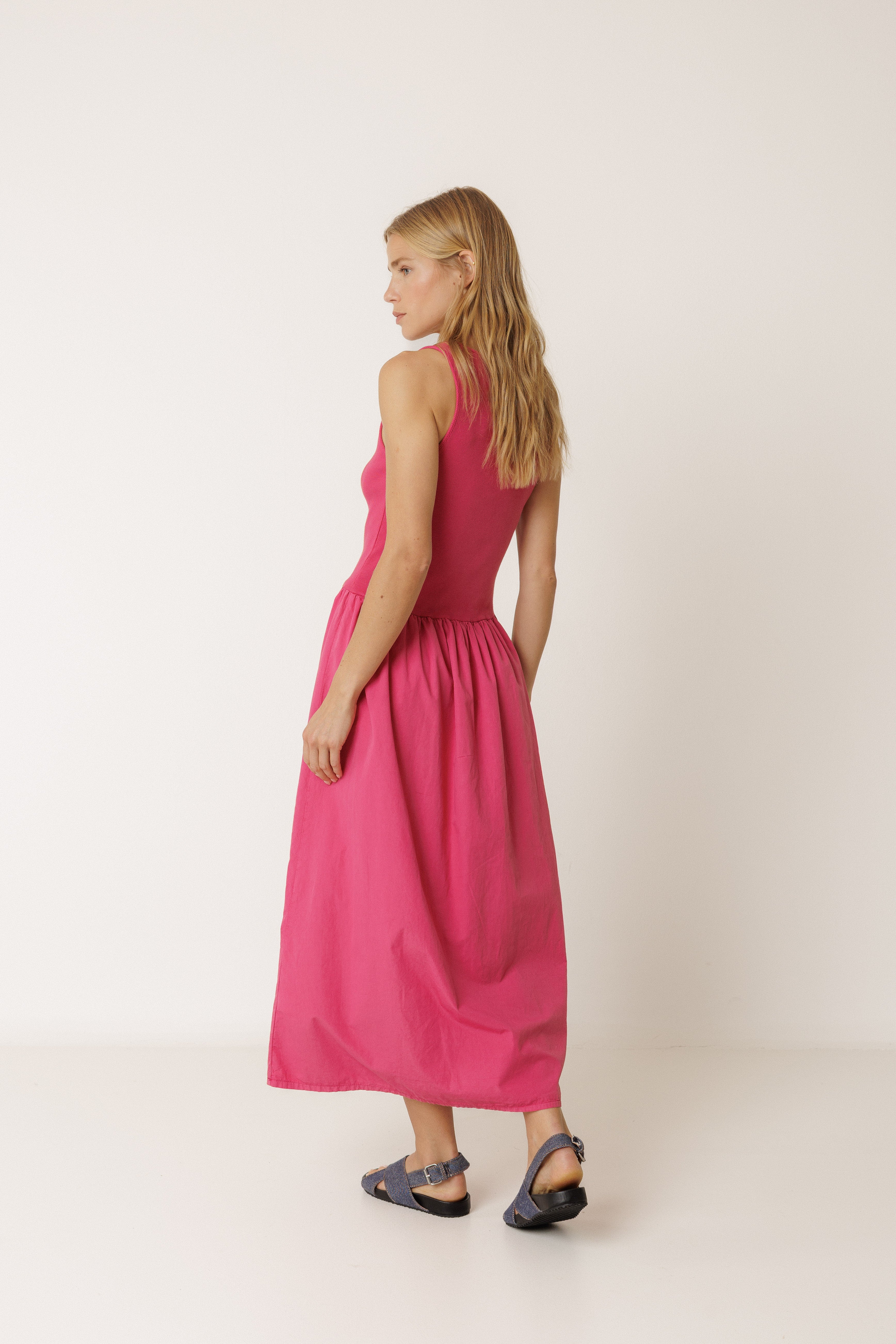 INDI AND COLD COMBINATION POPLIN DRESS COTTON MIDI DRESS STRAWBERRY