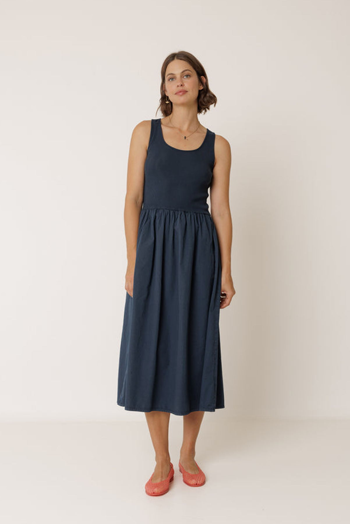 INDI AND COLD COMBINATION POPLIN DRESS COTTON MIDI DRESS NAVY