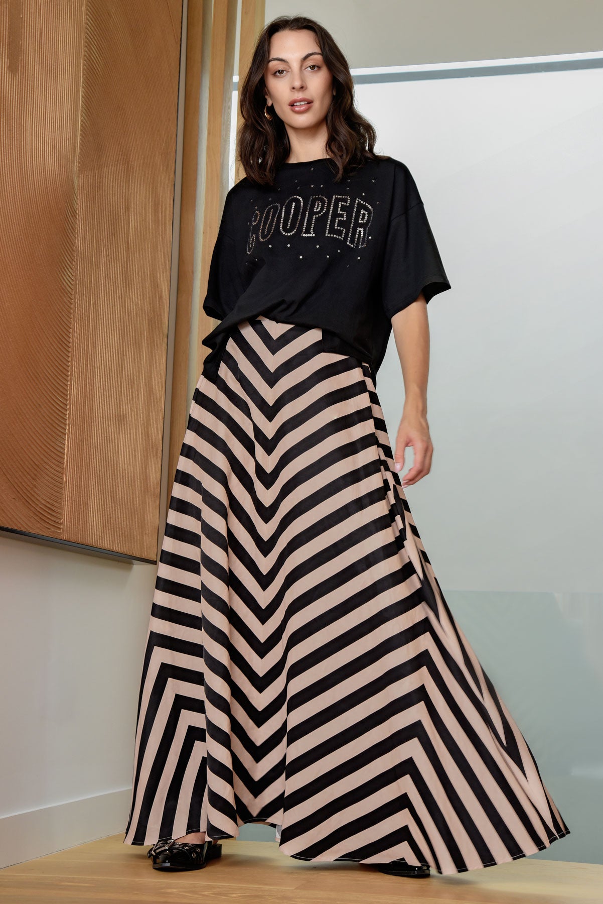 COOPER TOTALLY LINEAR SKIRT VISCOSE RAYON LINEN STRIPE MAXI SKIRT