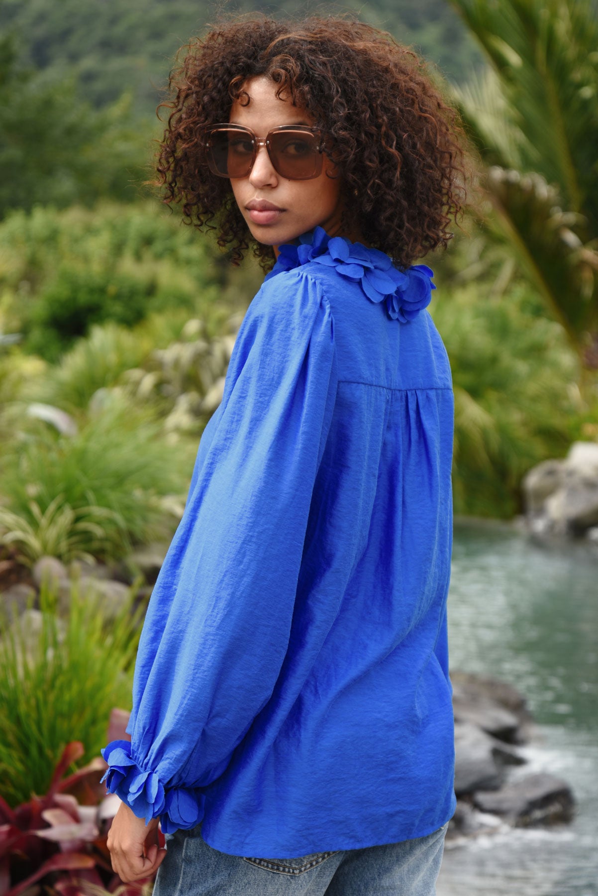 COOP BUDDING ROMANCE BLOUSE BLUE TENCEL NYLON LINEN TOP