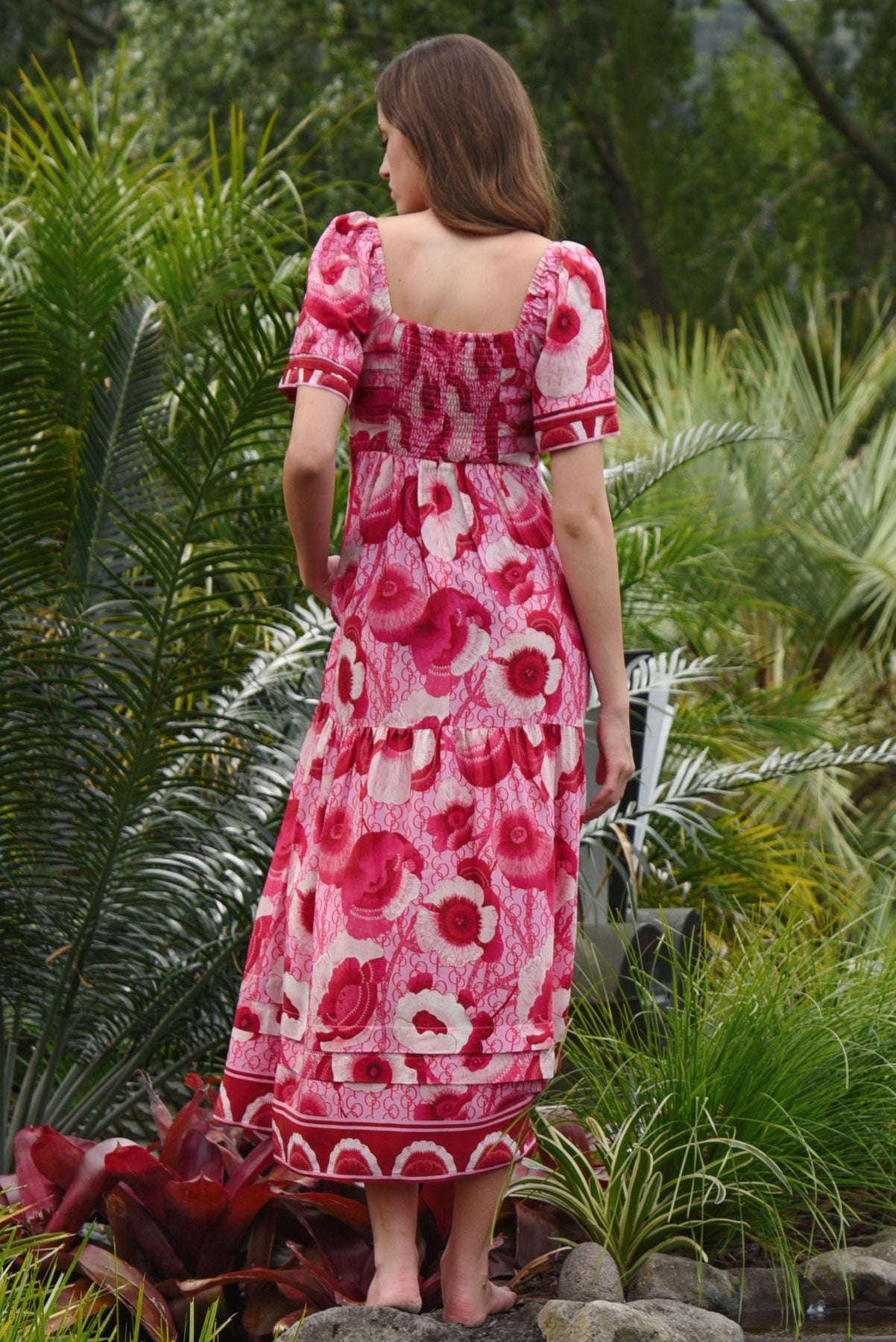 COOP GO WITH THE FLO RAL DRESS RAYON VISCOSE LINEN COTTON FLORAL PINK MIDI DRESS