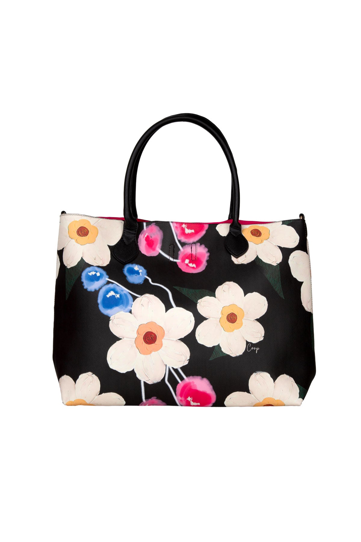 COOP TOTE ALLY FUN BAG BLACK FLORAL TOTE PU VEGAN LEATHER