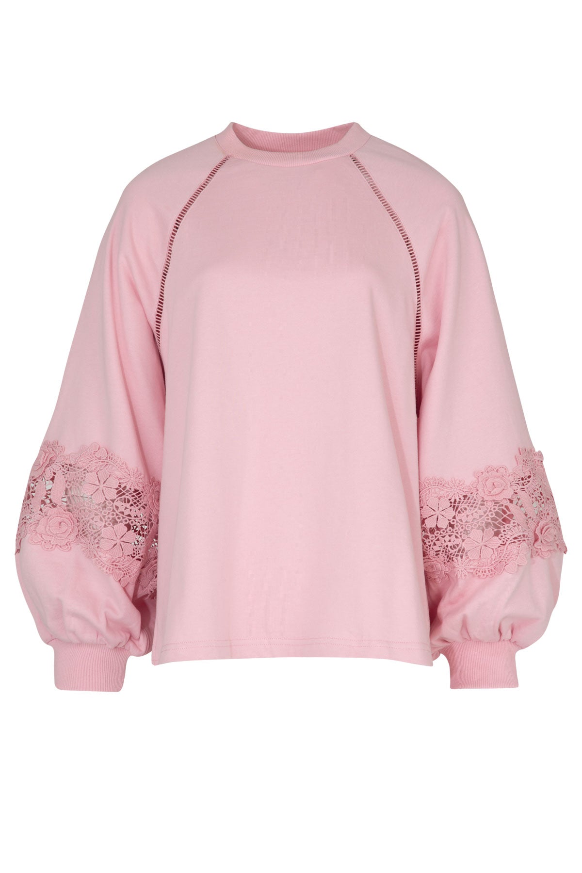 COOP LACY DAYS JUMPER BABY PINK COTTON CRE NECK JUMPER WITH CUT OUT LACE DETAILING ON THE SLEEVES