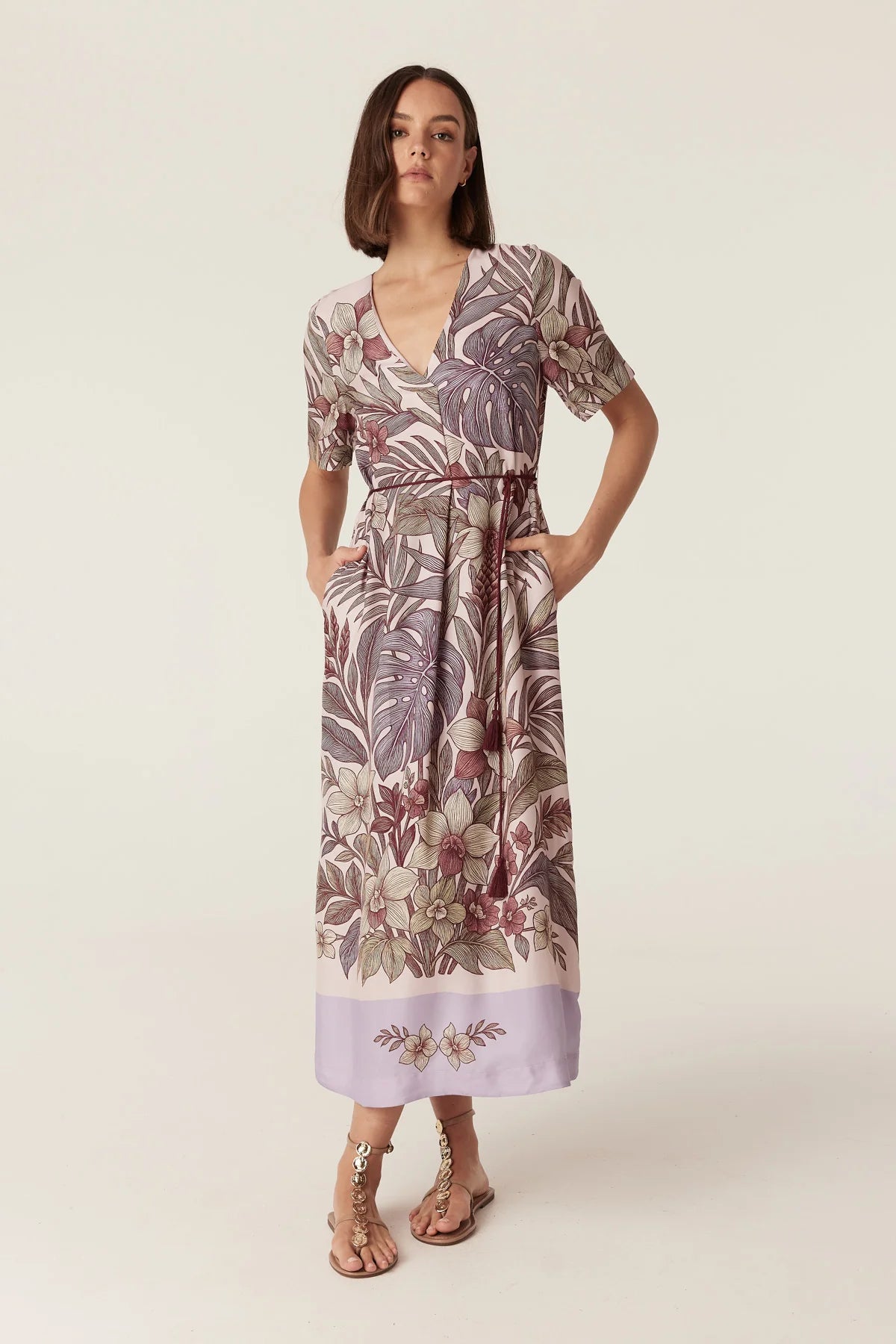 Cable floral maxi dress in soft pink with burgundy botanical print, V-neckline, short sleeves and tie waist