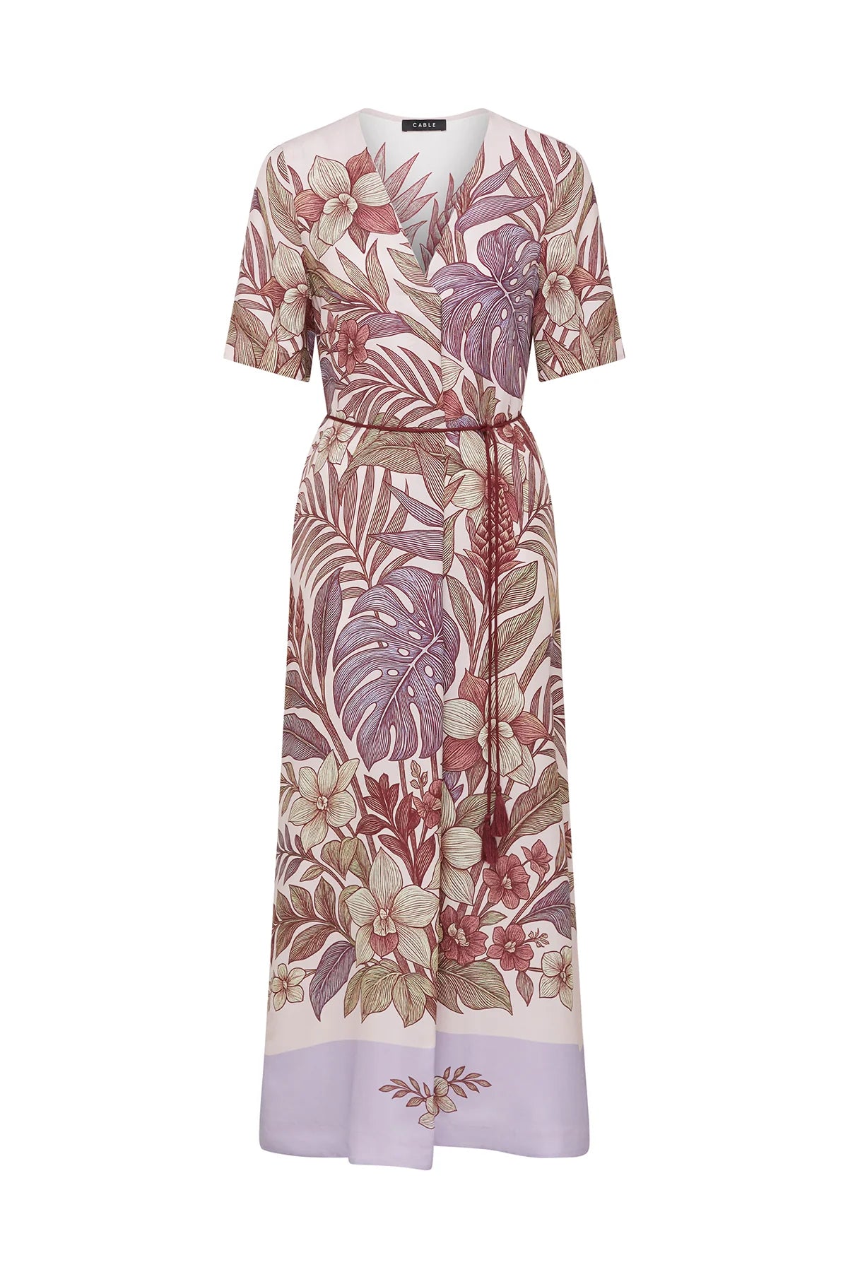 Cable floral maxi dress in soft pink with burgundy botanical print, V-neckline, short sleeves and tie waist