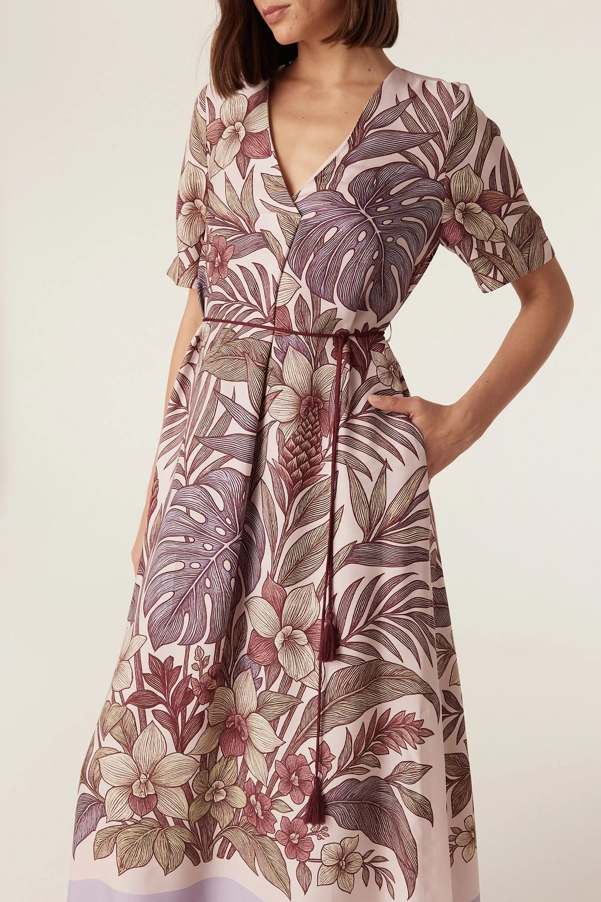 Cable floral maxi dress in soft pink with burgundy botanical print, V-neckline, short sleeves and tie waist