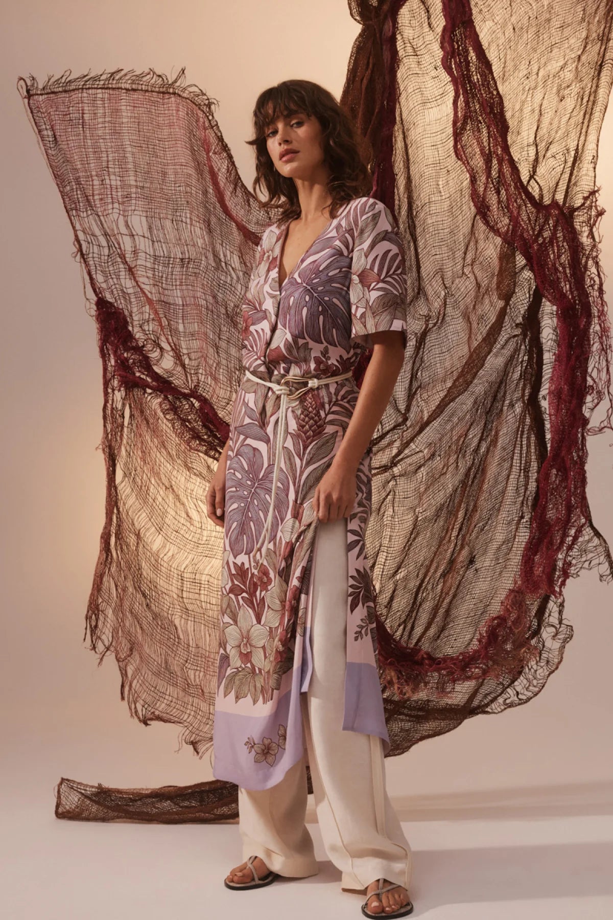 Cable floral maxi dress in soft pink with burgundy botanical print, V-neckline, short sleeves and tie waist