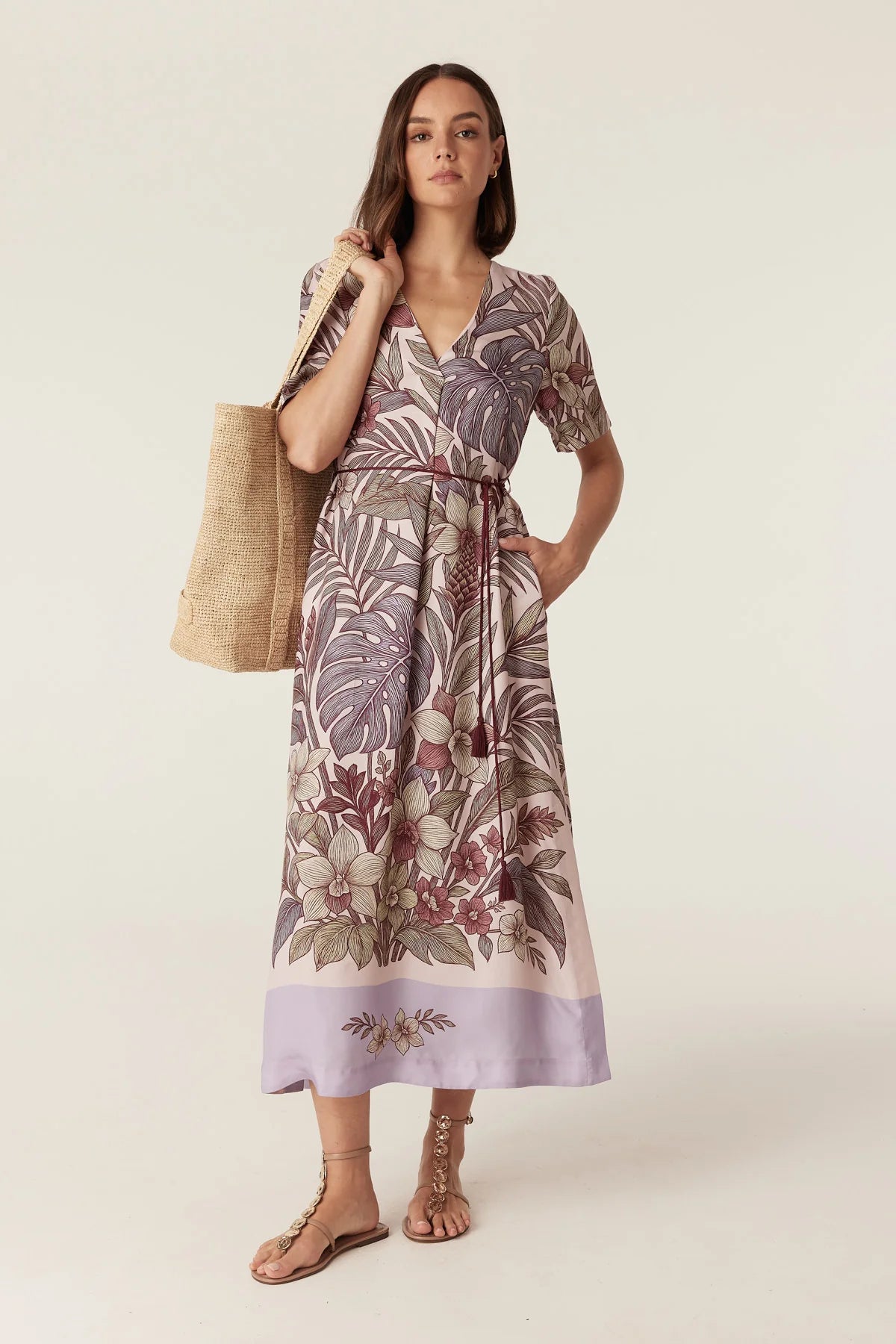 Cable floral maxi dress in soft pink with burgundy botanical print, V-neckline, short sleeves and tie waist