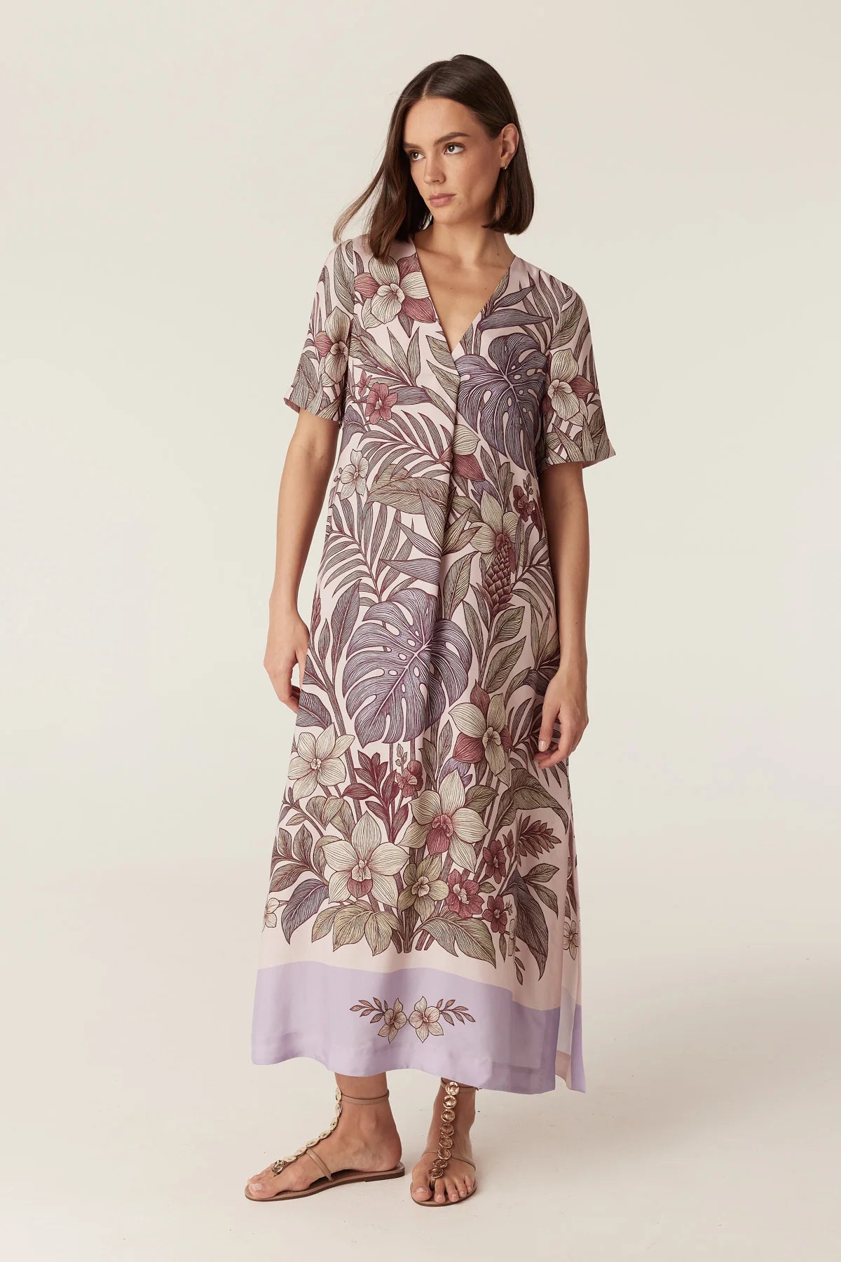 Cable floral maxi dress in soft pink with burgundy botanical print, V-neckline, short sleeves and tie waist