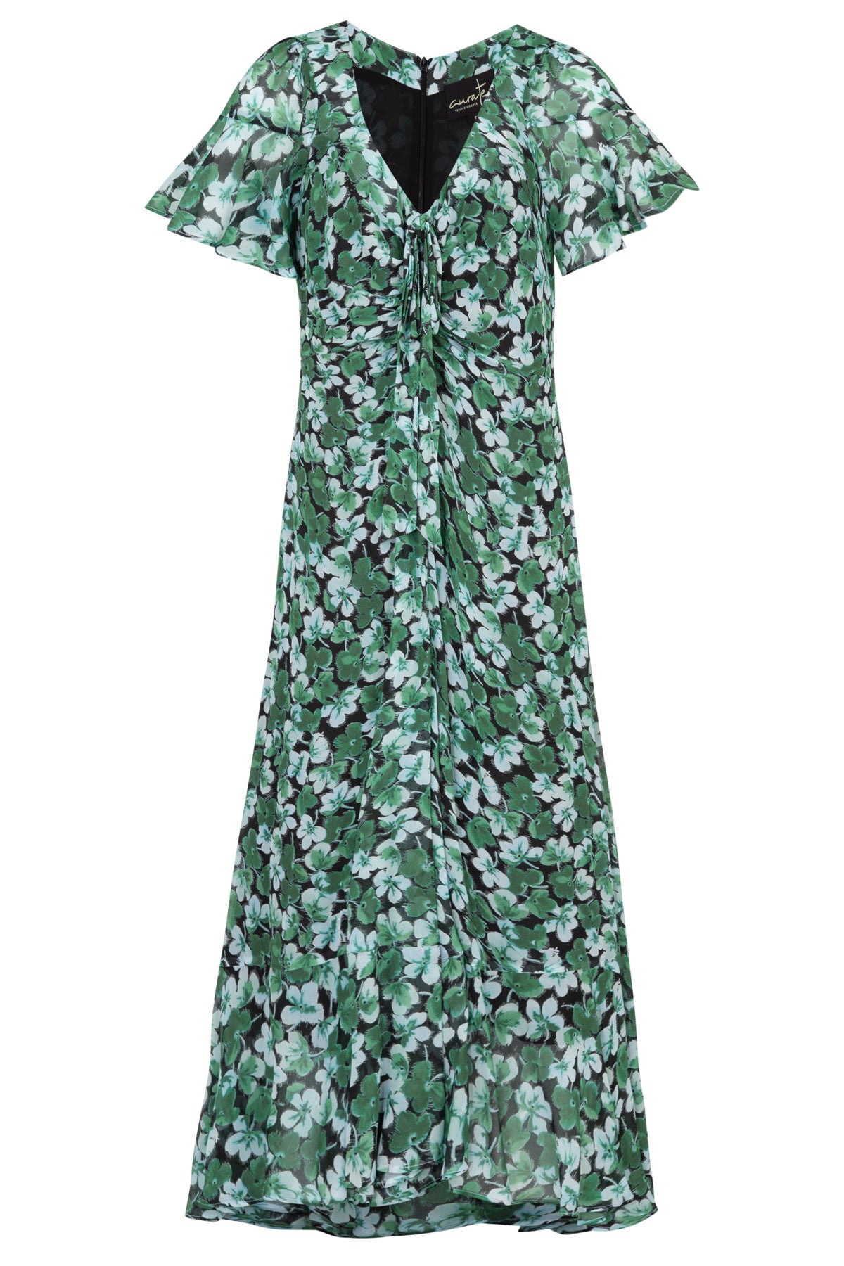 CURATE ITS A NEW DAY DRESS GREEN FLORAL FLOWY MAXI DRESS WITH GATHERS AND TIES TO CINCH AT THE BUST