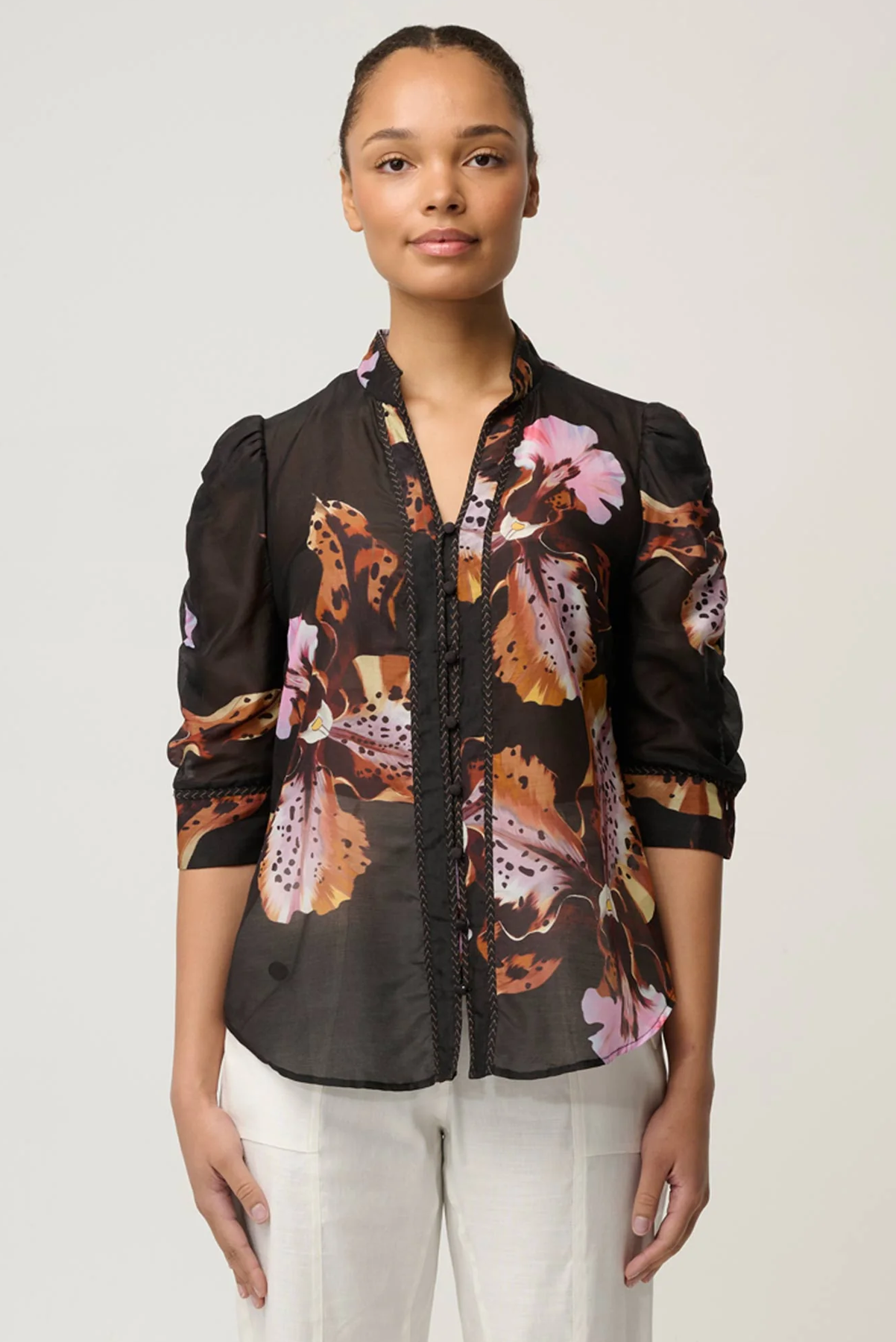 ONCE WAS CALANTHA BLOUSE COTTON SILK SUNSET FLORAL BLACK SHIRT