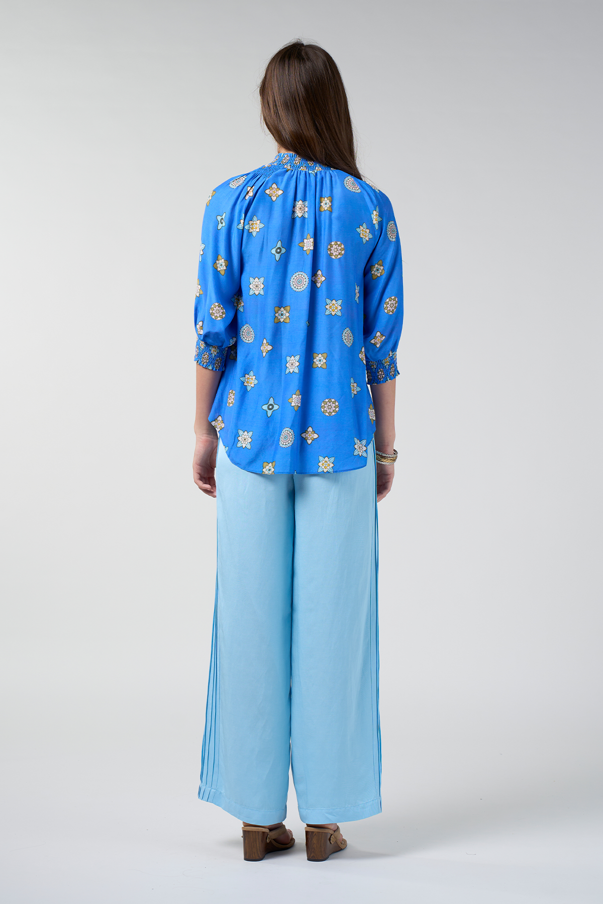LOOBIES STORY DAMBULLA SHIRT AZURE MULTI BLUE FLORAL PRINT RAYON NYLON BLOUSE
