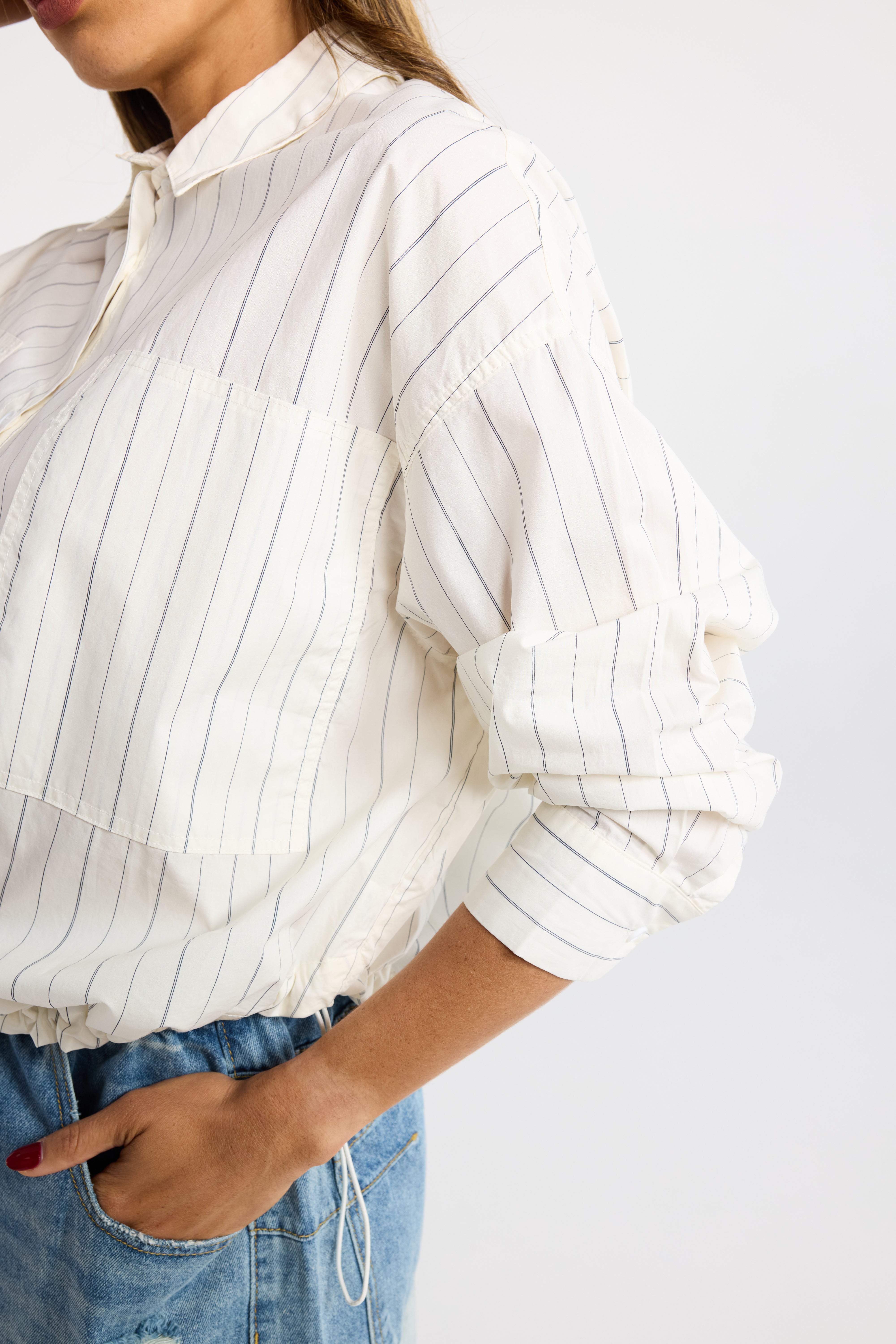 INK DEAN SHIRT WHITE STRIPE BALLOON SHIRT GATHERED HEM SHIRT STRIPE SHIRT SUMMER SHIRT LIGHTWEIGHT SHIRT COTTON SHIRT TOP TOPS