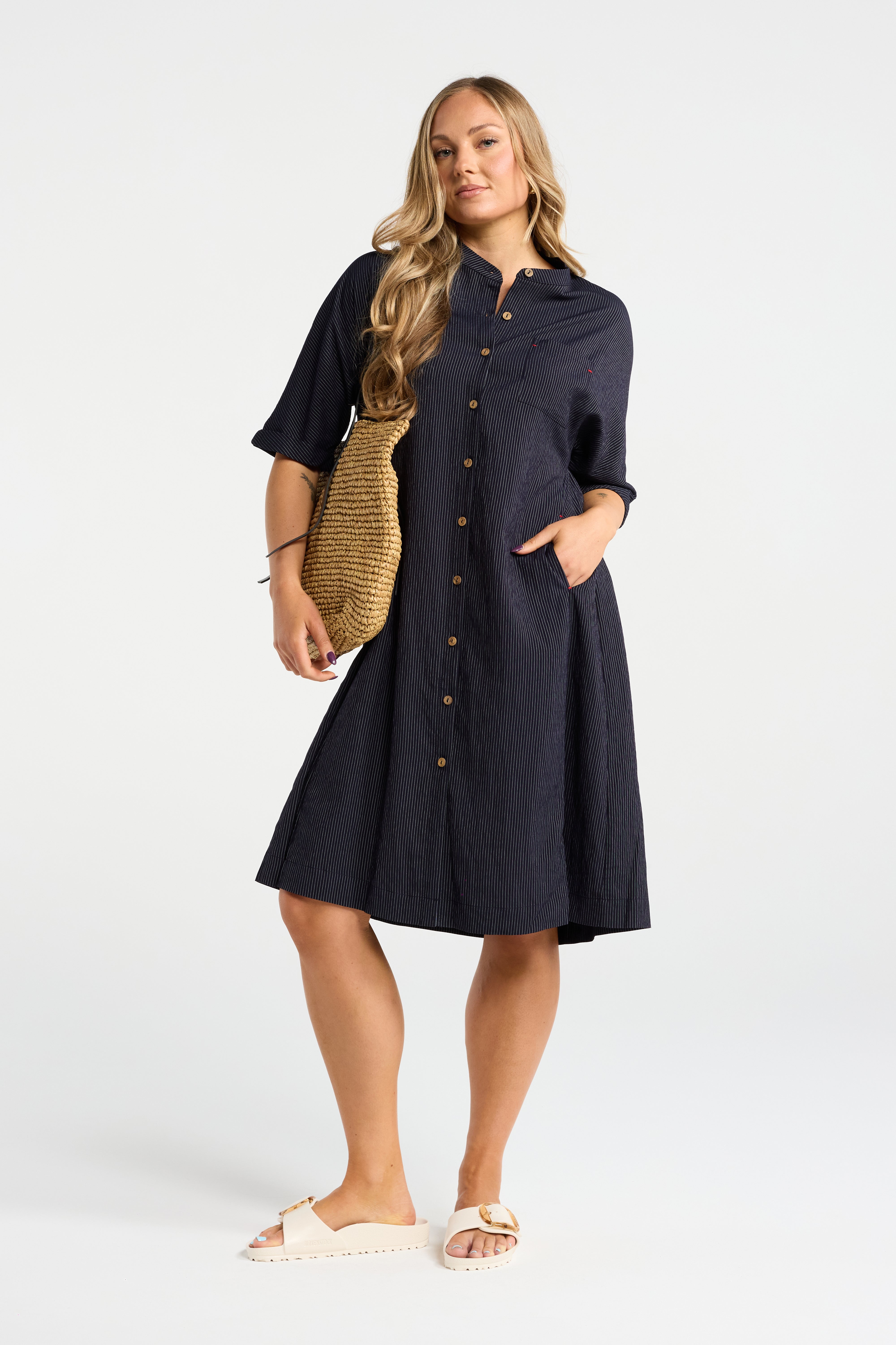 INK DYLAN DRESS NAVY STRIPE COTTON DRESS BUTTON UP DRESS DRESS WITH POCKETS PINSTRIPE DRESS MIDI DRESS SHIRT DRESS NAVY DRESS