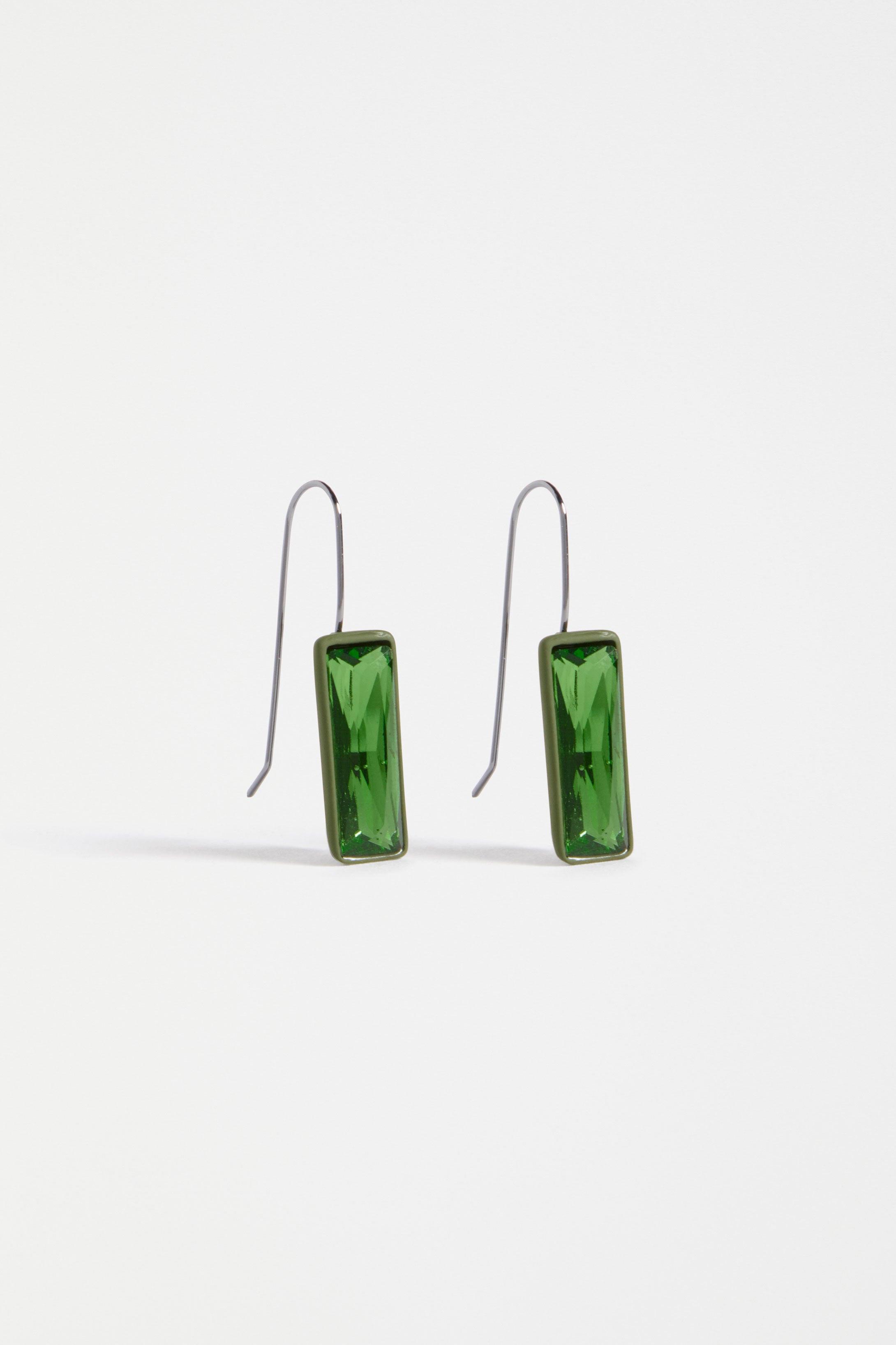 JULE SMALL HOOK EARRING Green rectangular earrings on a white background