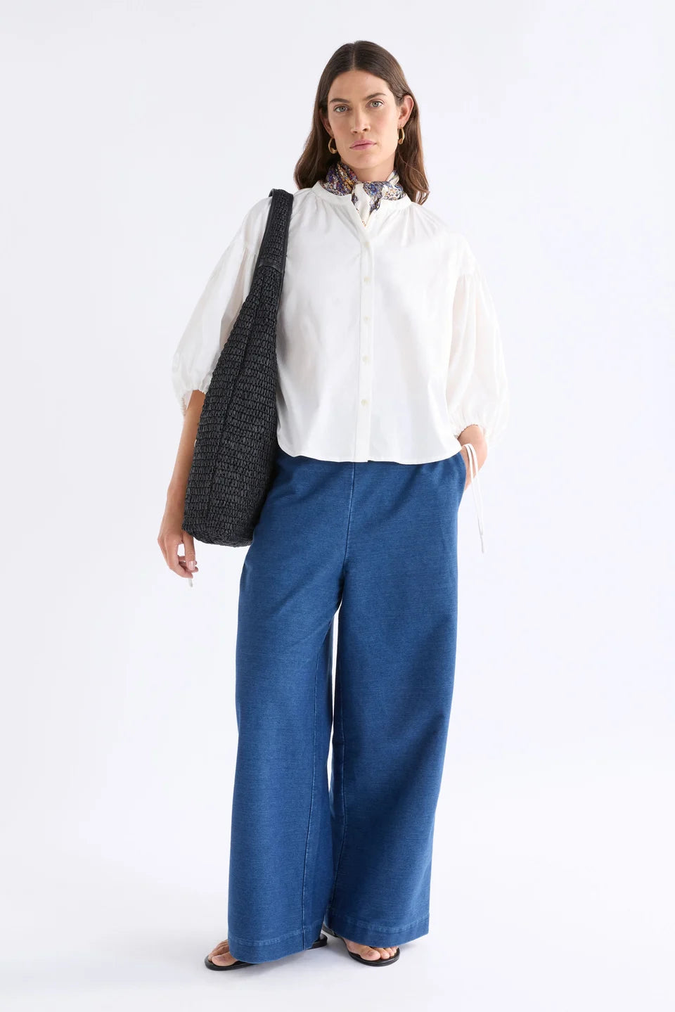 ELK ELLER SHIRT WHIT BUTTON UP COLLARLESS SHIRT WITH GARTHERS ALONG THE NECKLINE AND TIE ADJUSTABLE SLEEVS CUFFS