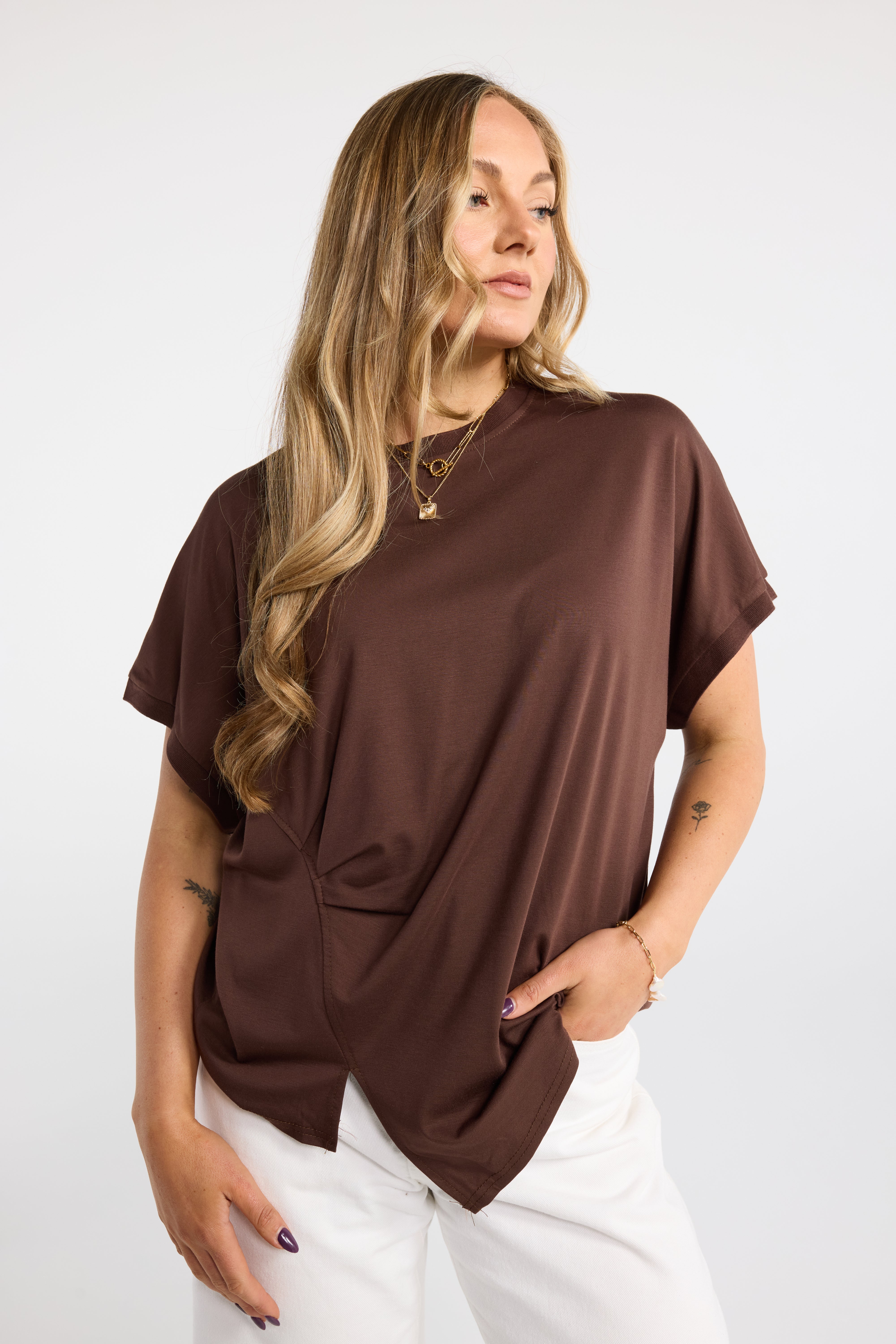 INK FOLD TEE CHOCOLATE ASSYMETRIC TSHIRT ASSYMETRIC TOP ASSYMETRIC TEE BROWN TSHIRT BROWN TOP BROW TEE GATHERED TEE GATHERED TSHIRT