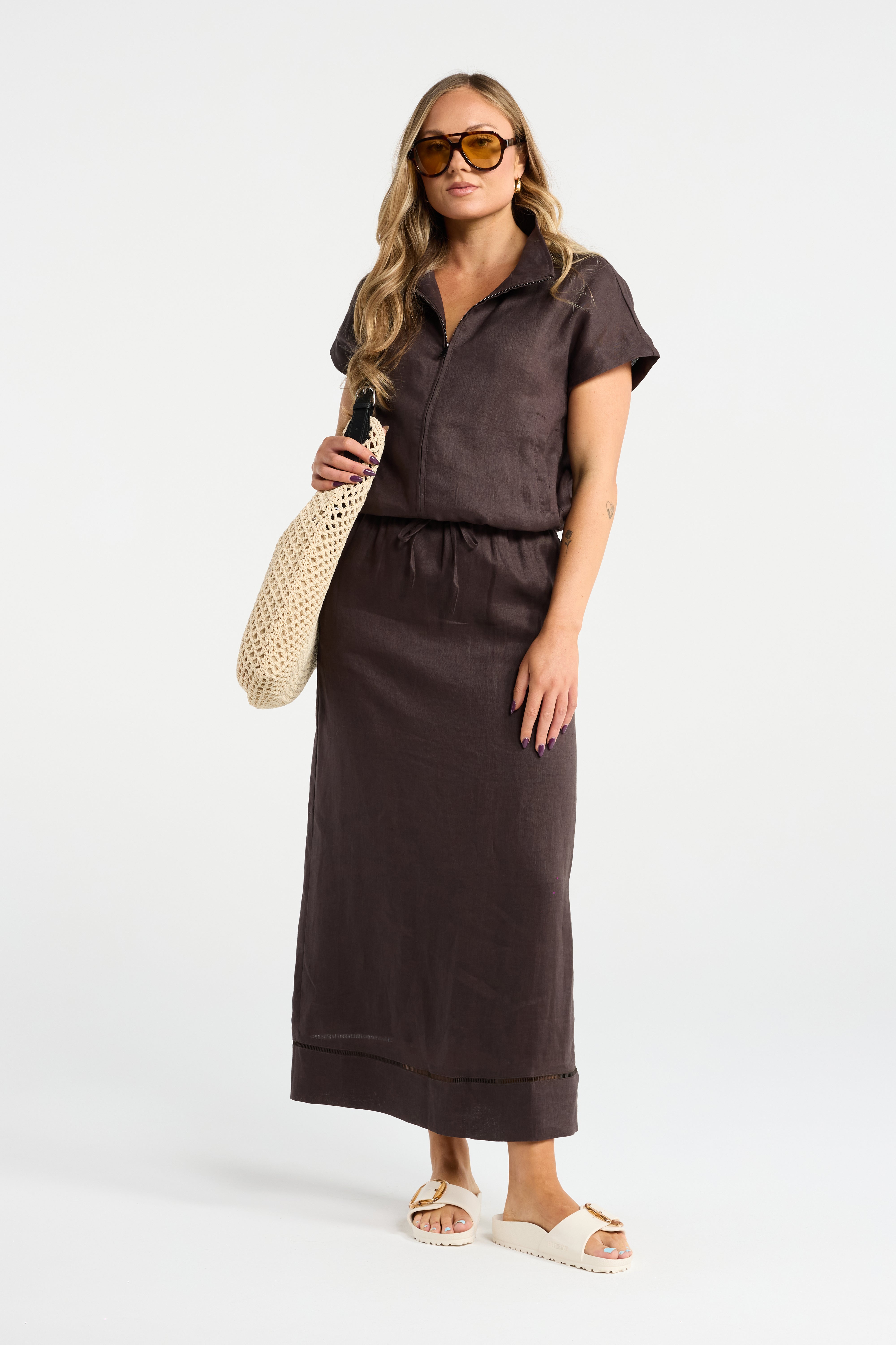 INK FALXLY LINEN SKIRT BITTER CHOCOLATE SUMMER SKIRT SKIRT SET STRAIGHT SKIRT DRAWSTRING SKIRT MAXI SKIRT LIGHTWEIGHT SKIRT