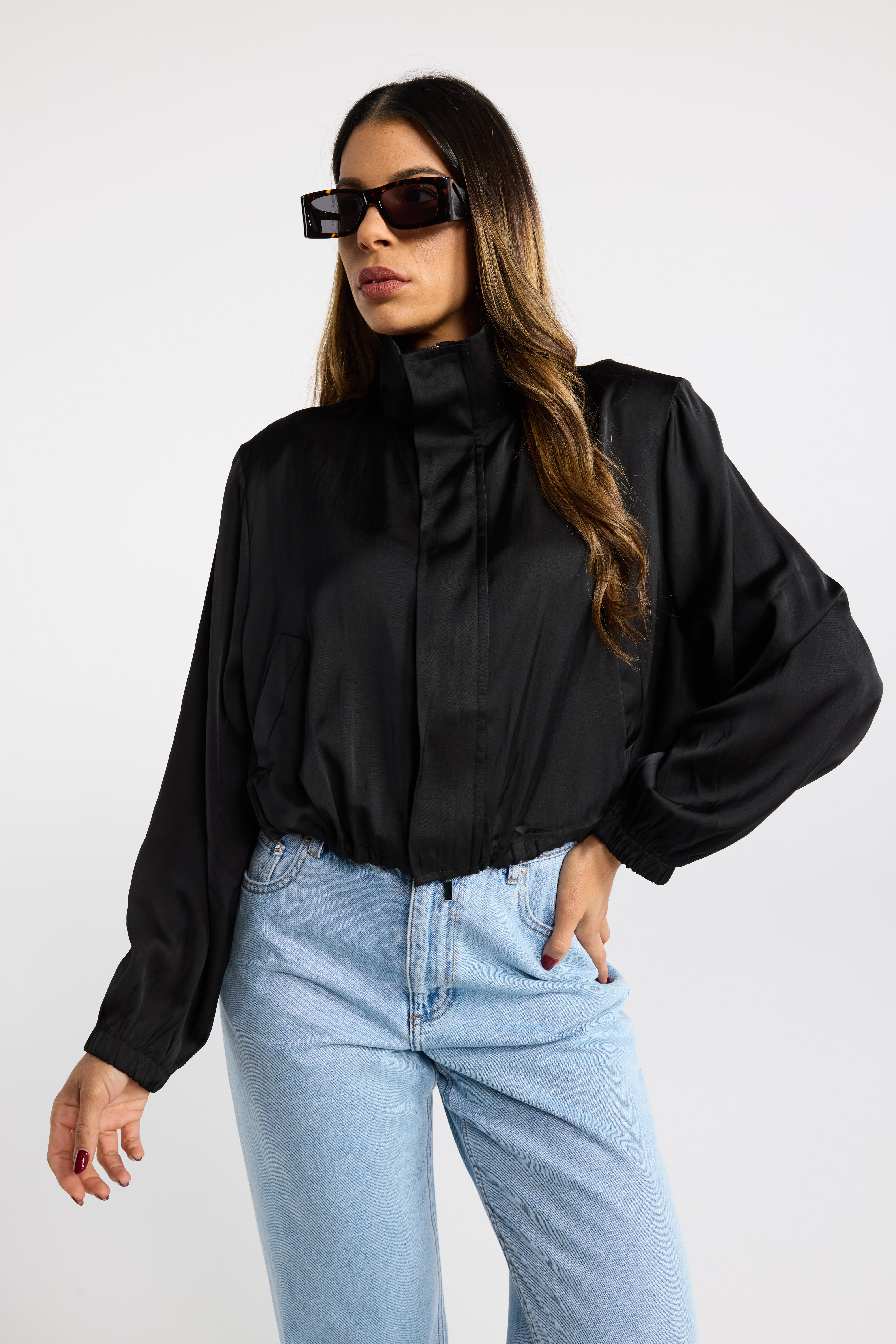 INK MIDNIGHT BOMBER BLACK SATIN BOMBER JACKET PLEATS ELASTIC CUFFS AND HEM