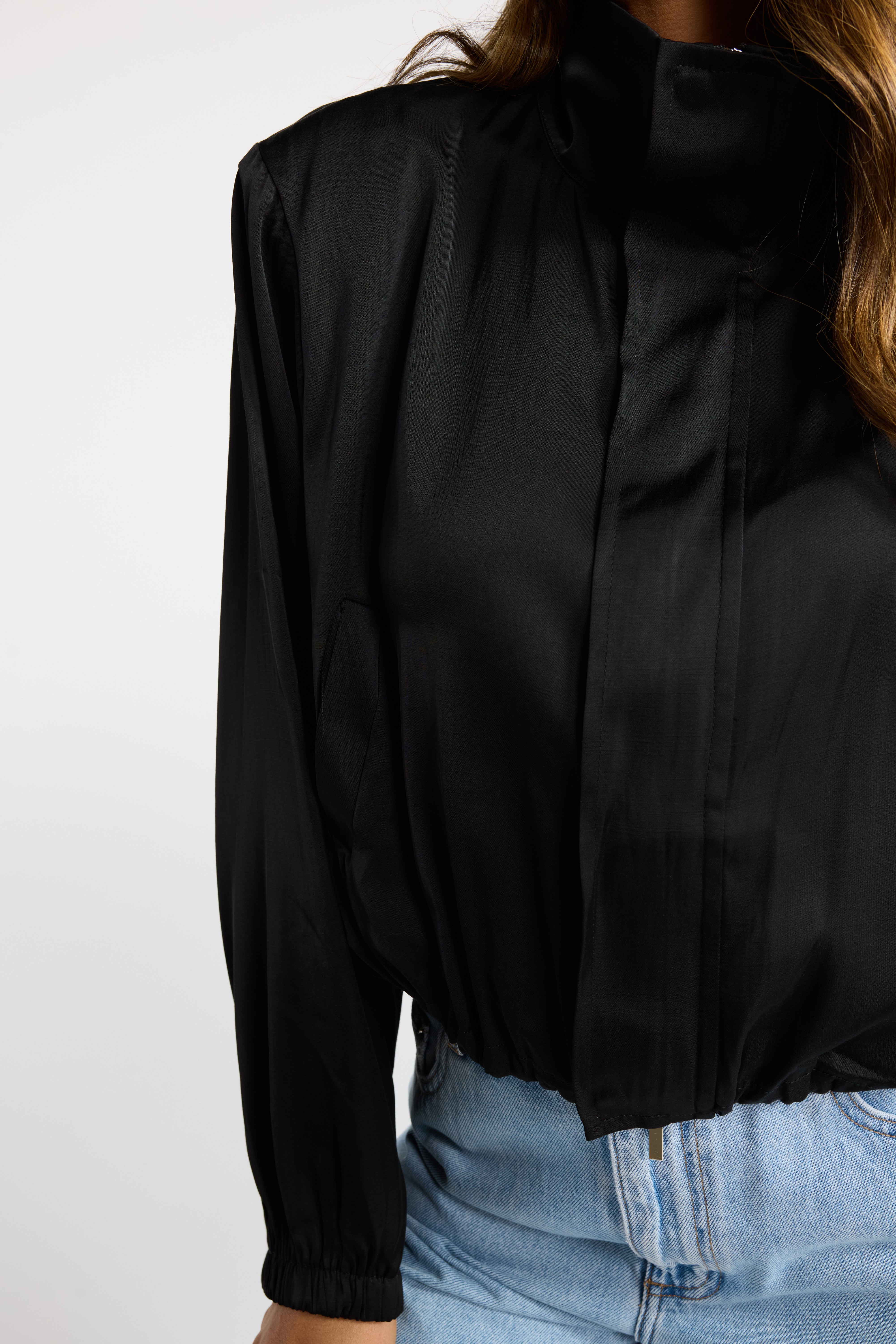 INK MIDNIGHT BOMBER BLACK SATIN BOMBER JACKET PLEATS ELASTIC CUFFS AND HEM
