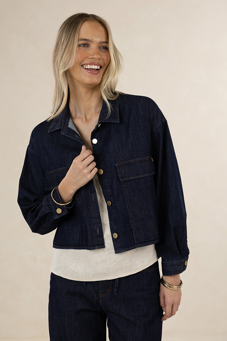 HUMIDITY IVY DENIM JACKET IVORY WHITE DARK DENIM COTTON SPANDEX