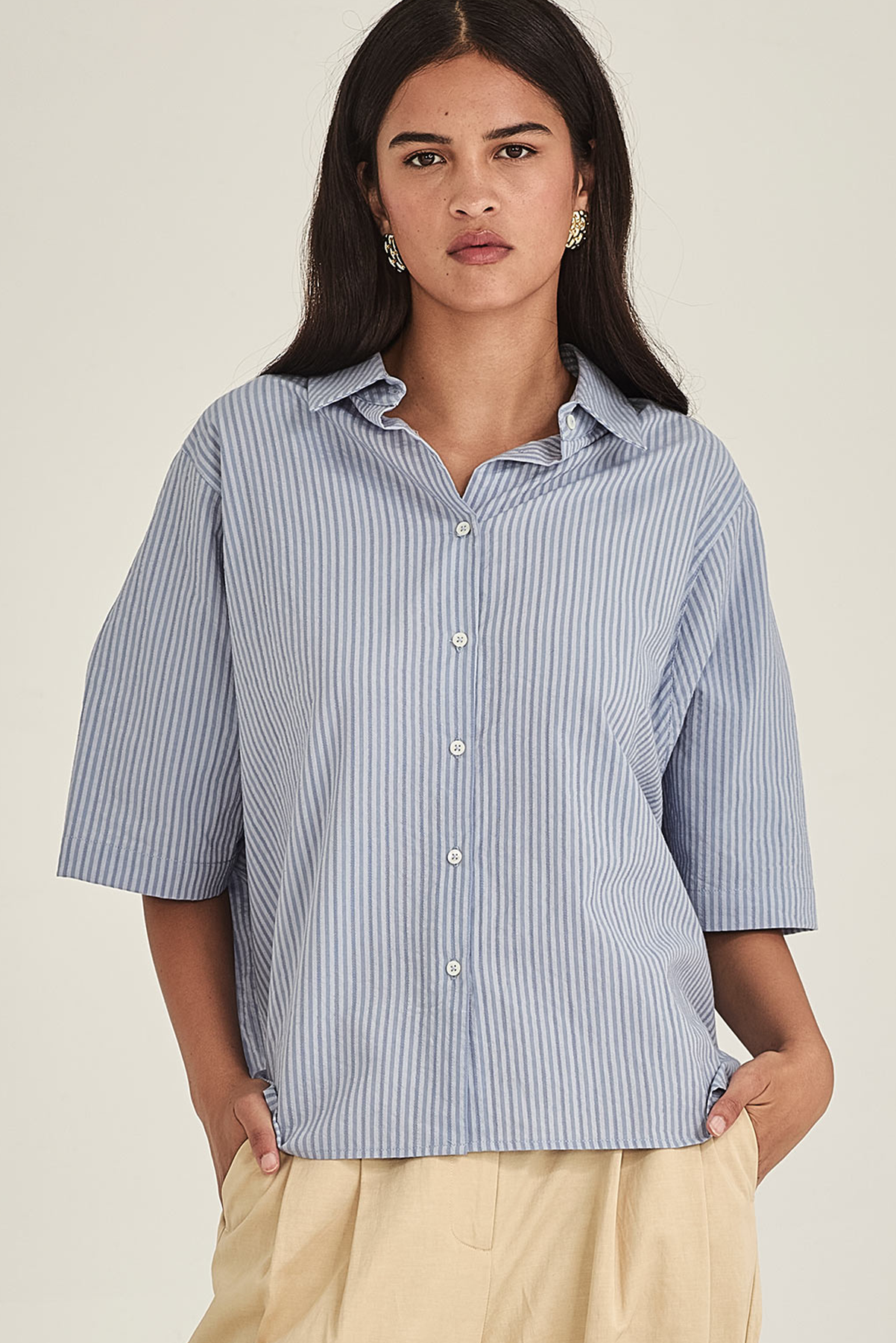 SILLS JENNE CAPE BLOUSE CORNFLOWER BLUE AND DIJON YELLOW STRIPES SHIRT COTTON LINEN POLYESTER