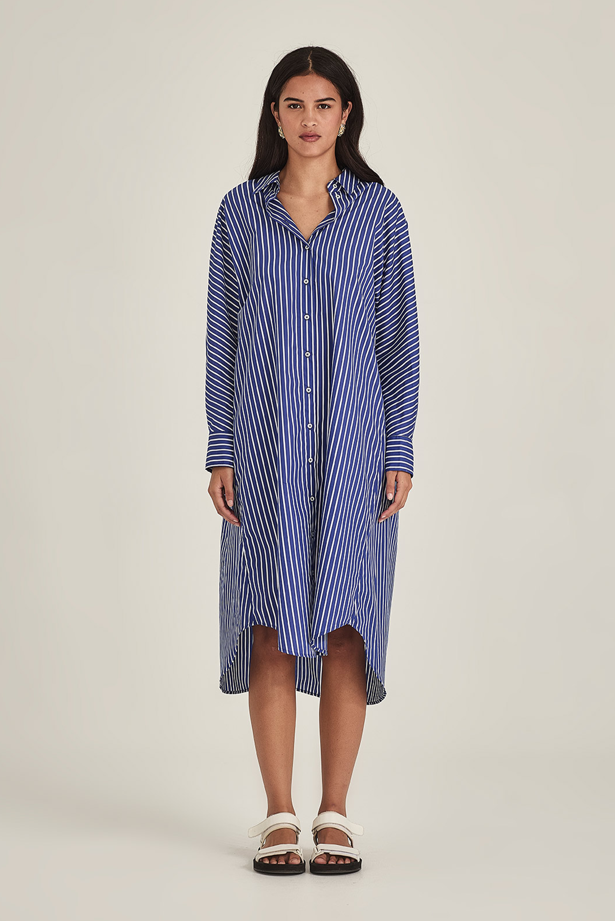 SILLS JULES STRIPE SHIRT DRESS COBALT BLUE TAN STRIPE SHIRT DRESS MIDI COTTON