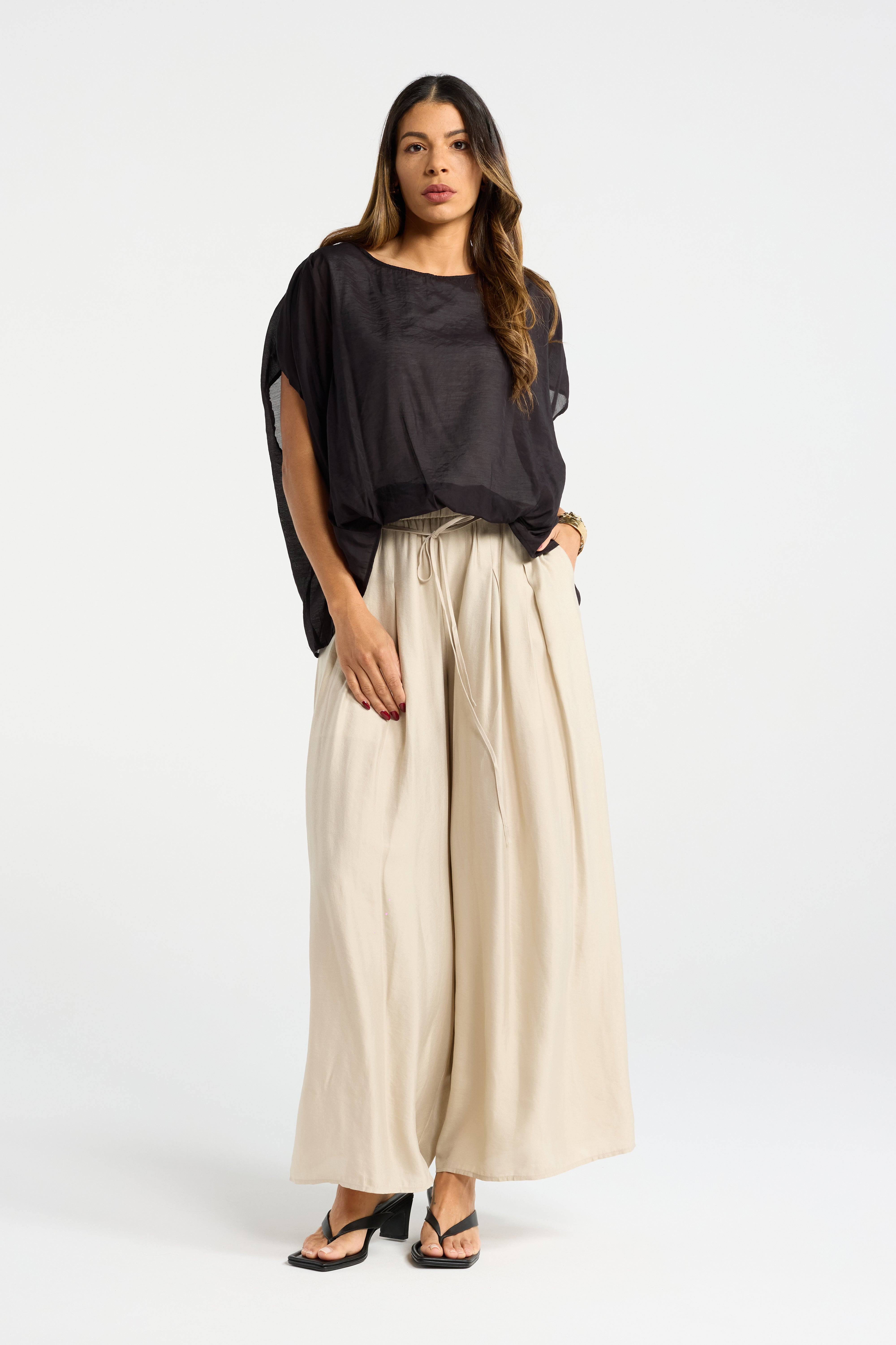 INK JULIAN PANT TAN BEIGE FLOATY PANT TIE ELASTIC WAIST PLEATED WIDE LEG PANT