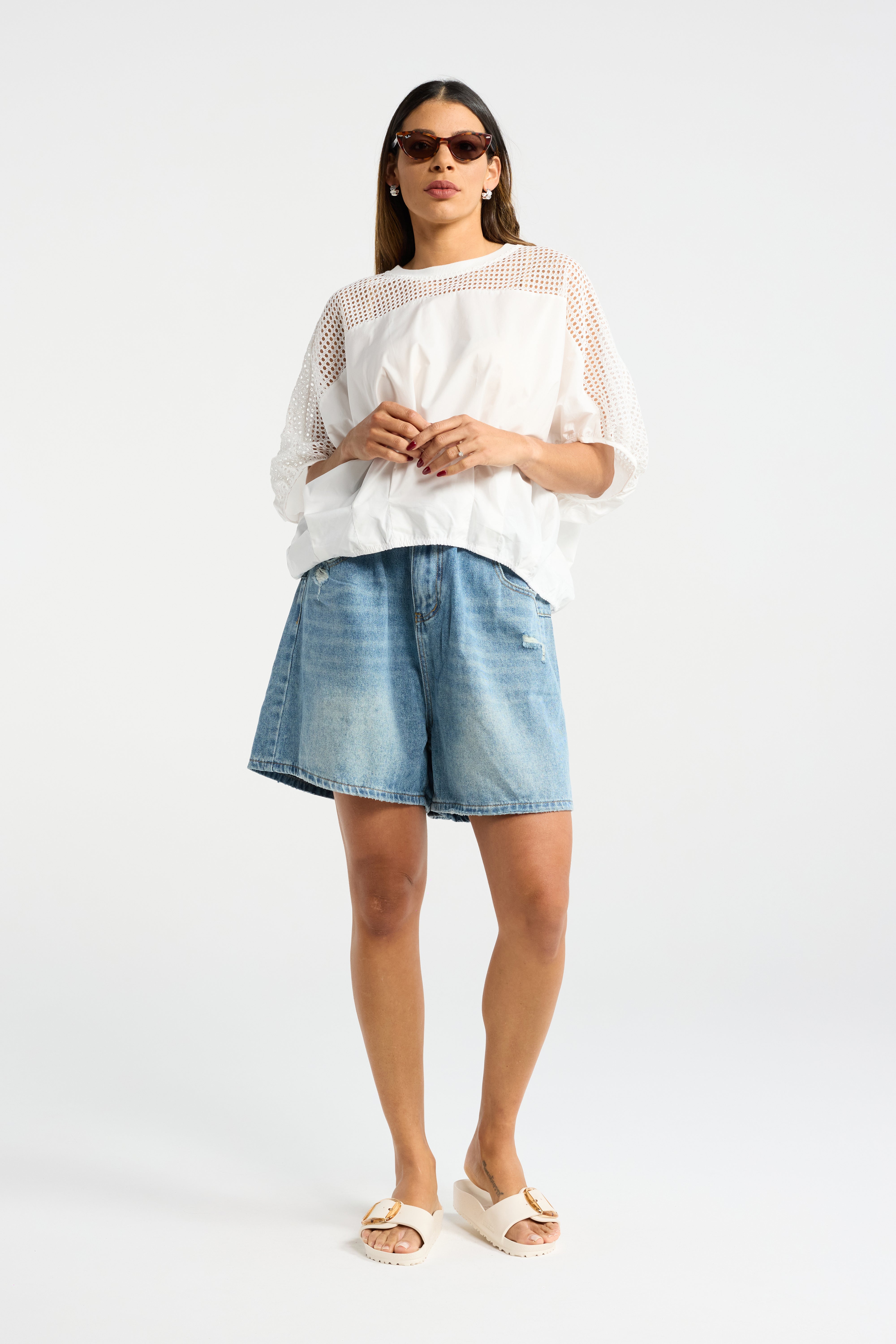 INK LATTICE TOP WHITE BLACK LATTICE CUT OUT DETAIL TOP HALF SLEEVES BOXY OVERSIZED