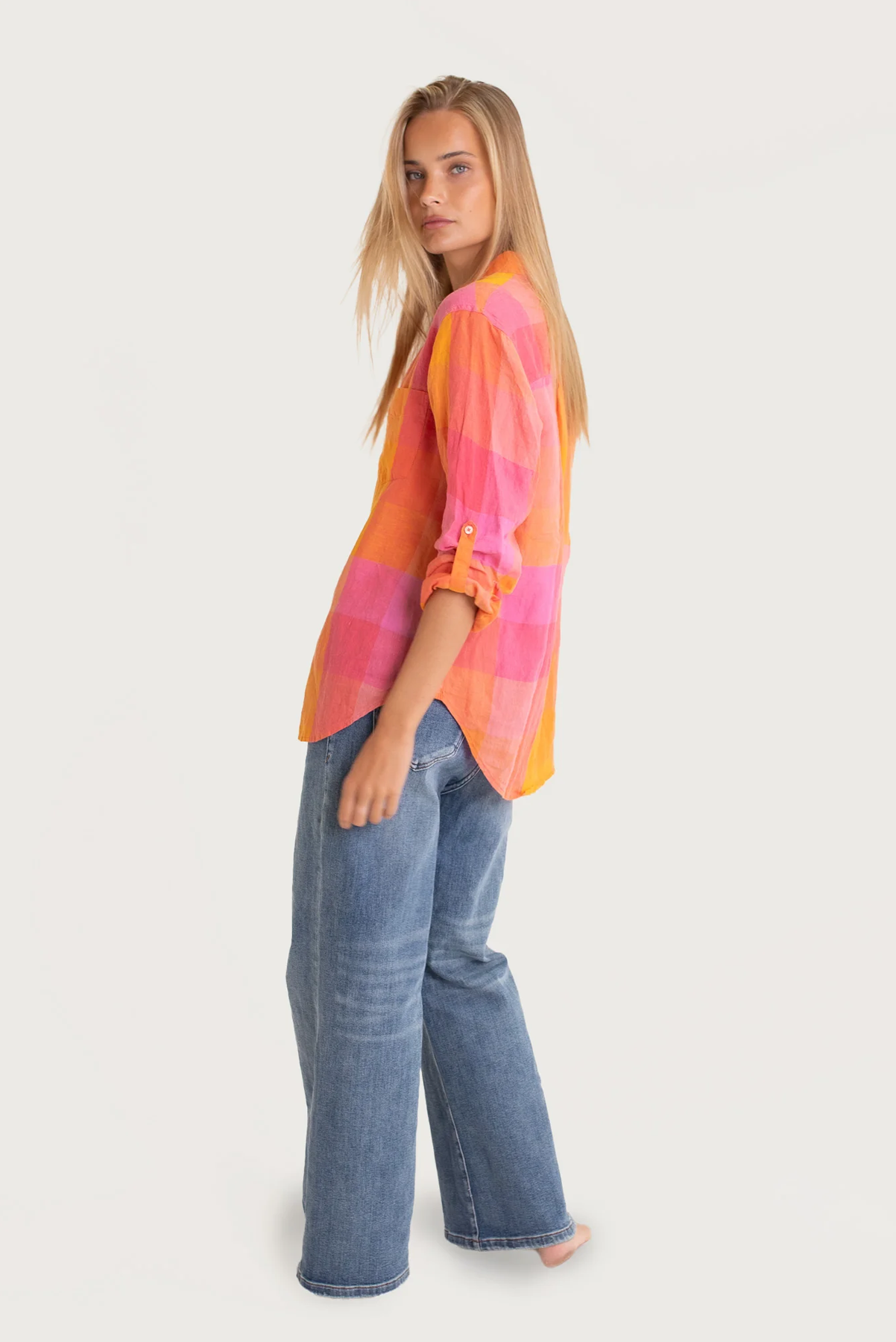 HUT CLOTHING BOYFRIEND LINEN SHIRT CHECK ORANGE PINK SUNSET BUTTON UP
