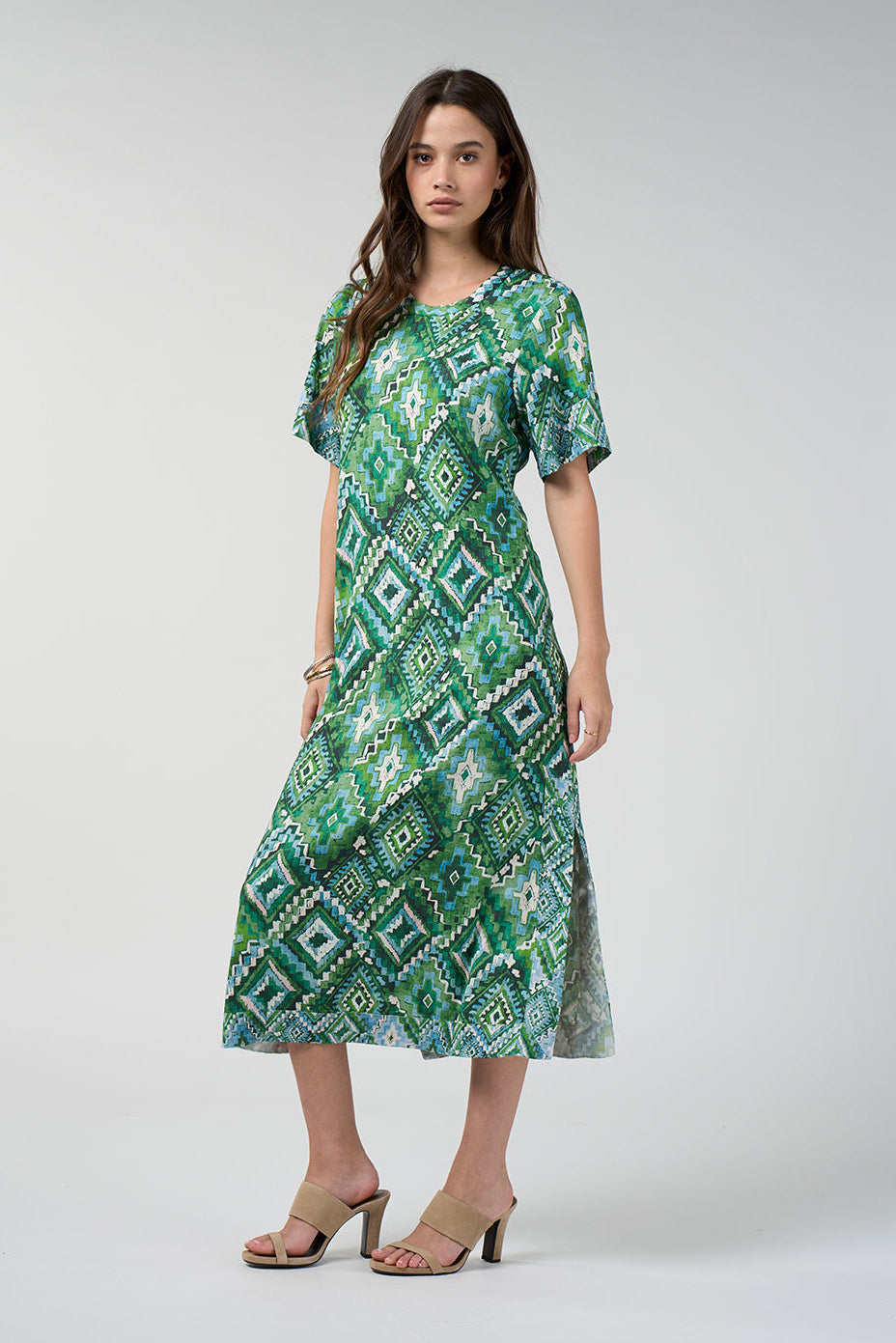 LOOBIES STORY SHINHALA DRESS VISCOSE RAYON SPANDEX GREEN PRINT MIDI DRESS