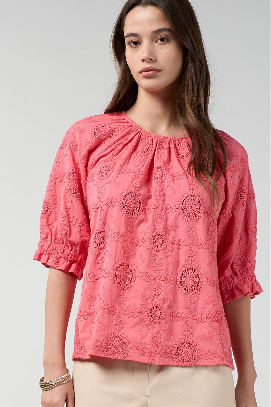 LOOBIES STORY ASMITA TOP COTTON PINK GREEN WHITE BLOUSE EMBROIDERED