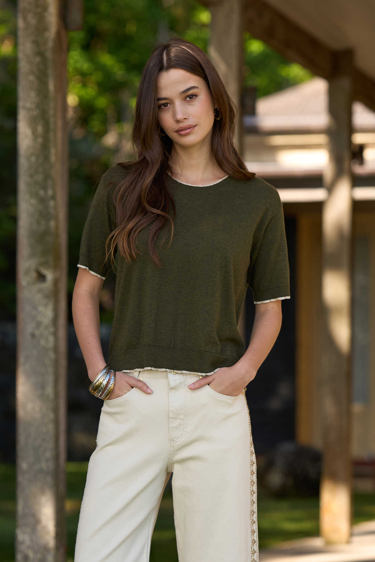 LOOBIES STORY MAHA TEE KNIT TOP CASHMERE COTTON OLIVE SANDALWOOD RUST