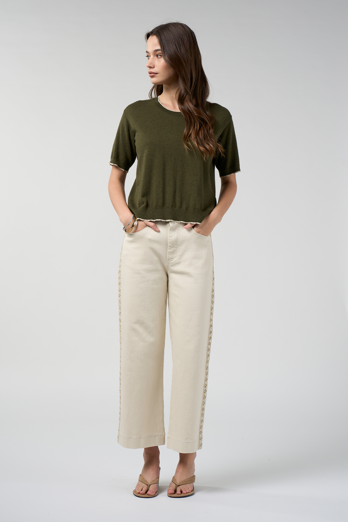 LOOBIES STORY MAHA TEE KNIT TOP CASHMERE COTTON OLIVE SANDALWOOD RUST