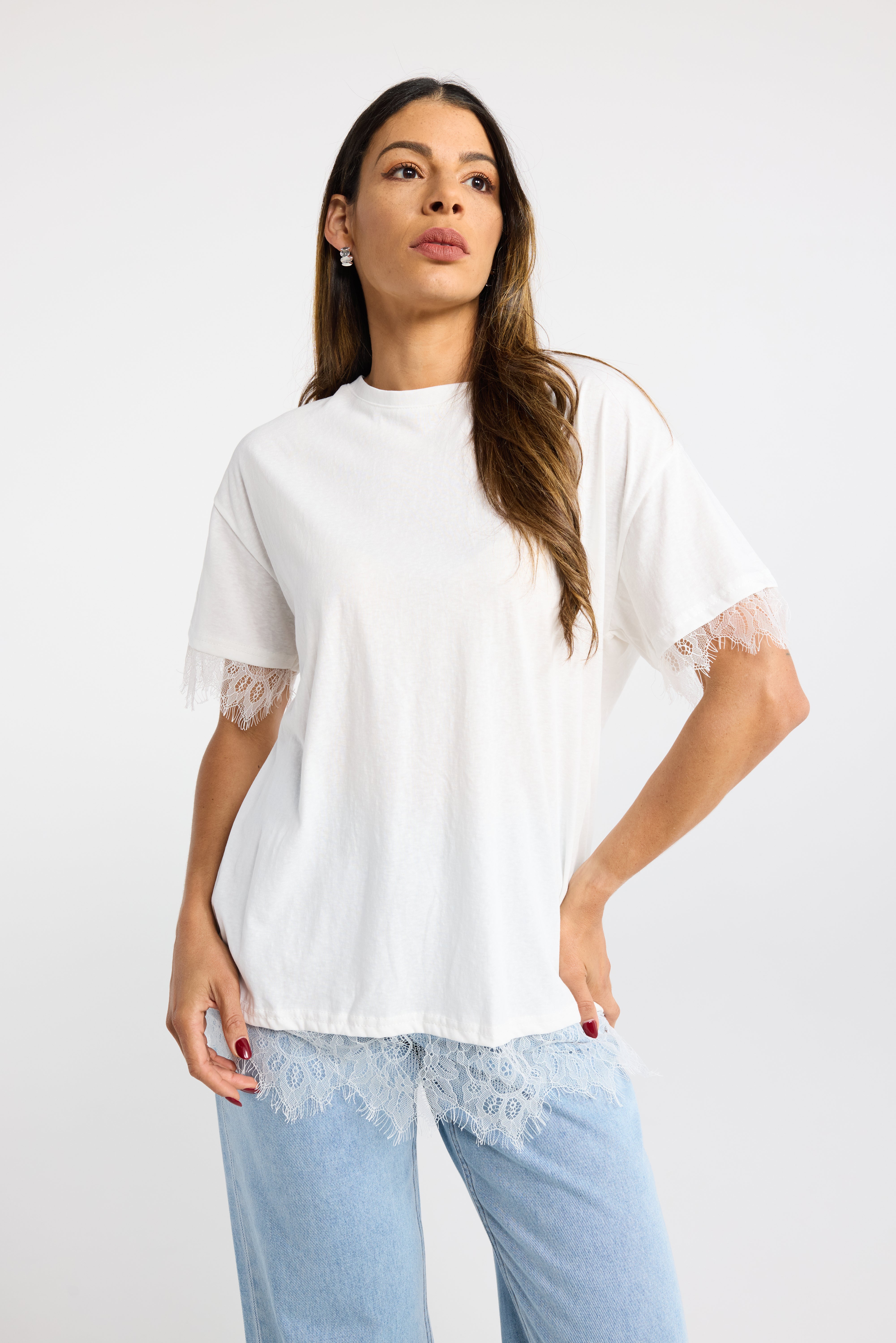 INK MARA TOP WHITE BLACK LACE TRIM TEE LACE TRIM TSHIRT LACE TSHIRT LACE TEE CASUAL TOP SUMMER TOP LACE BOYFRIEND TEE