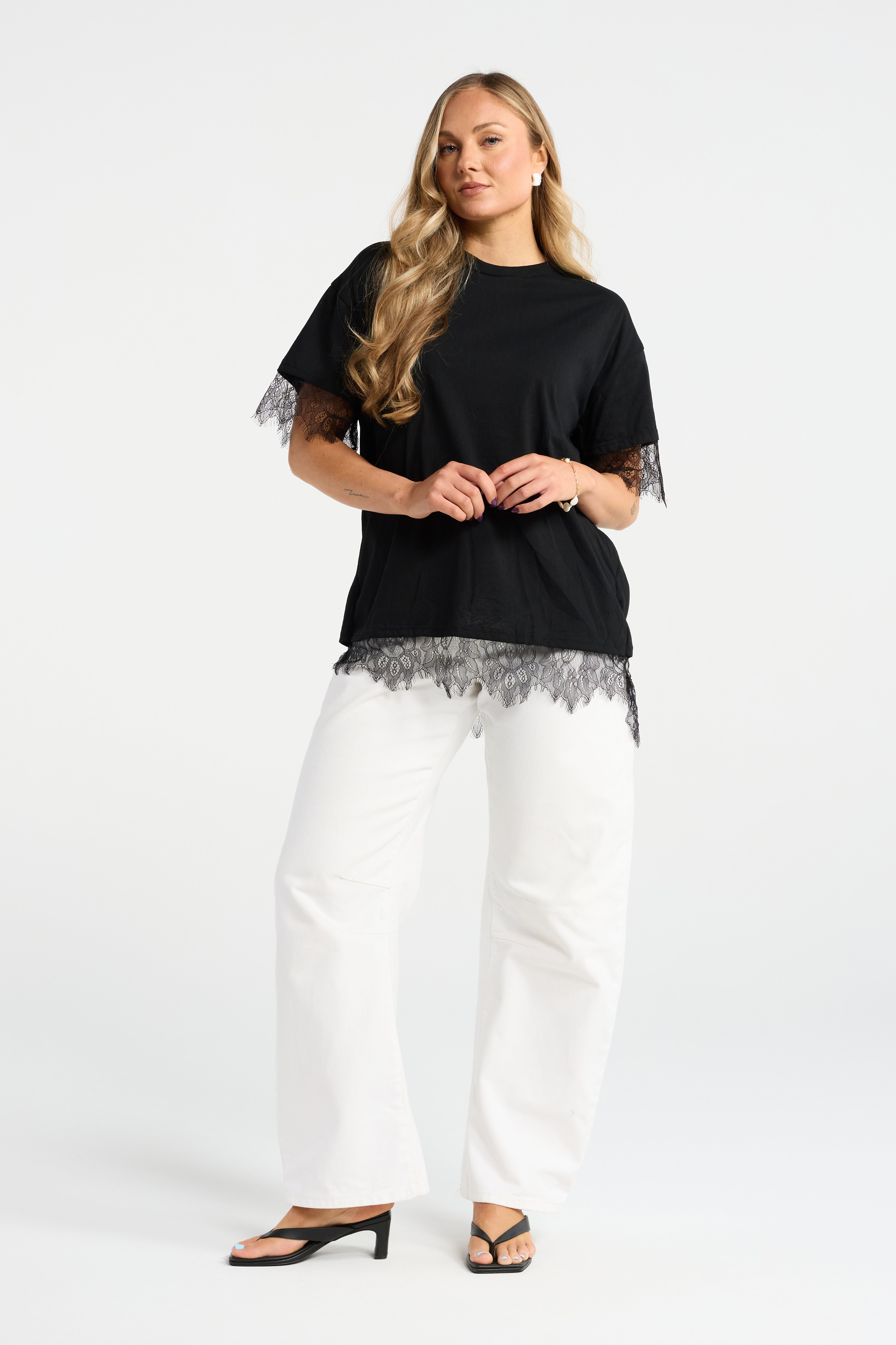 INK MARA TOP WHITE BLACK LACE TRIM TEE LACE TRIM TSHIRT LACE TSHIRT LACE TEE CASUAL TOP SUMMER TOP LACE BOYFRIEND TEE
