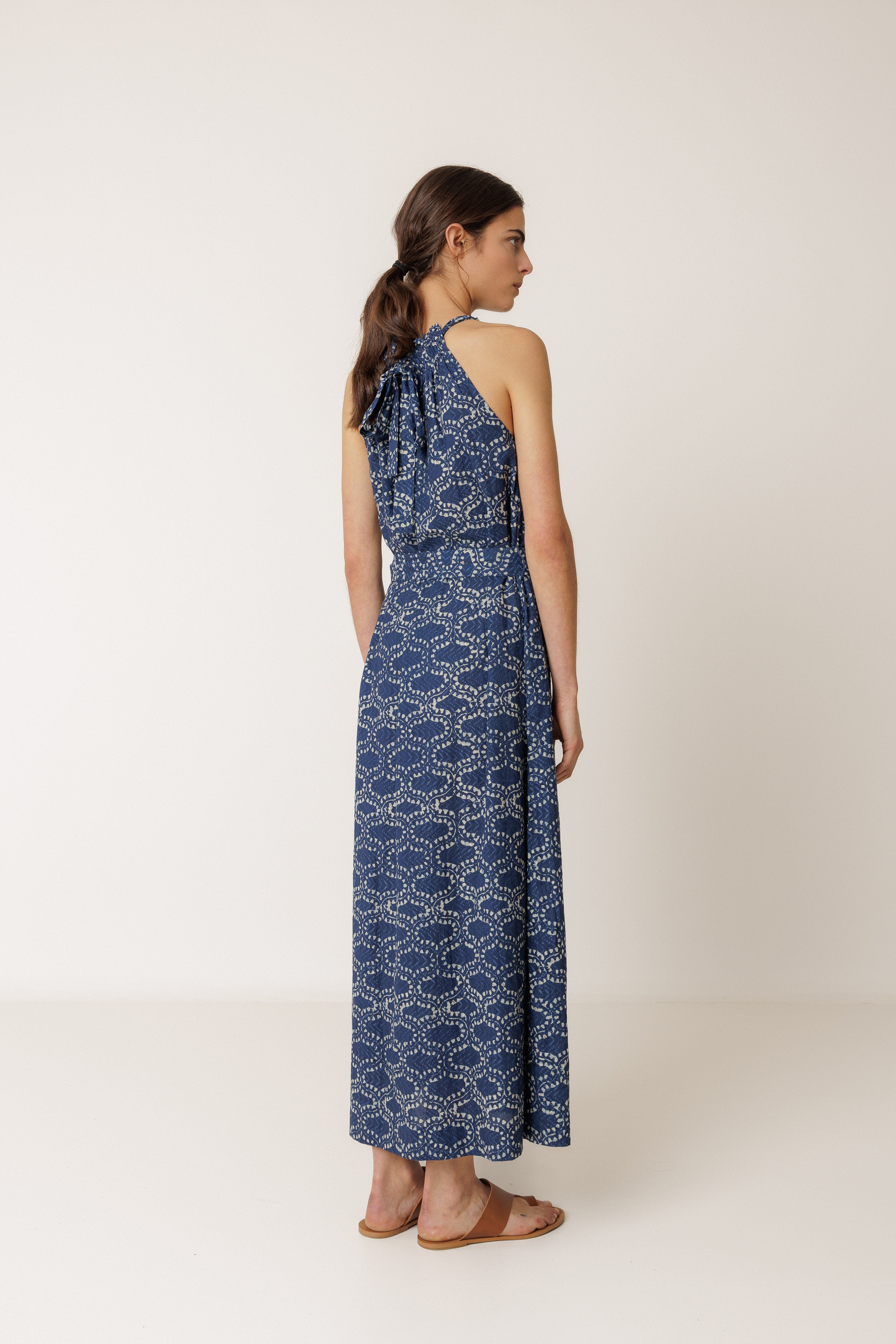 INDI AND COLD HALTER NECK DRESS COTTON POLYESTER INDIGO BLUE MAXI LACE DRESS