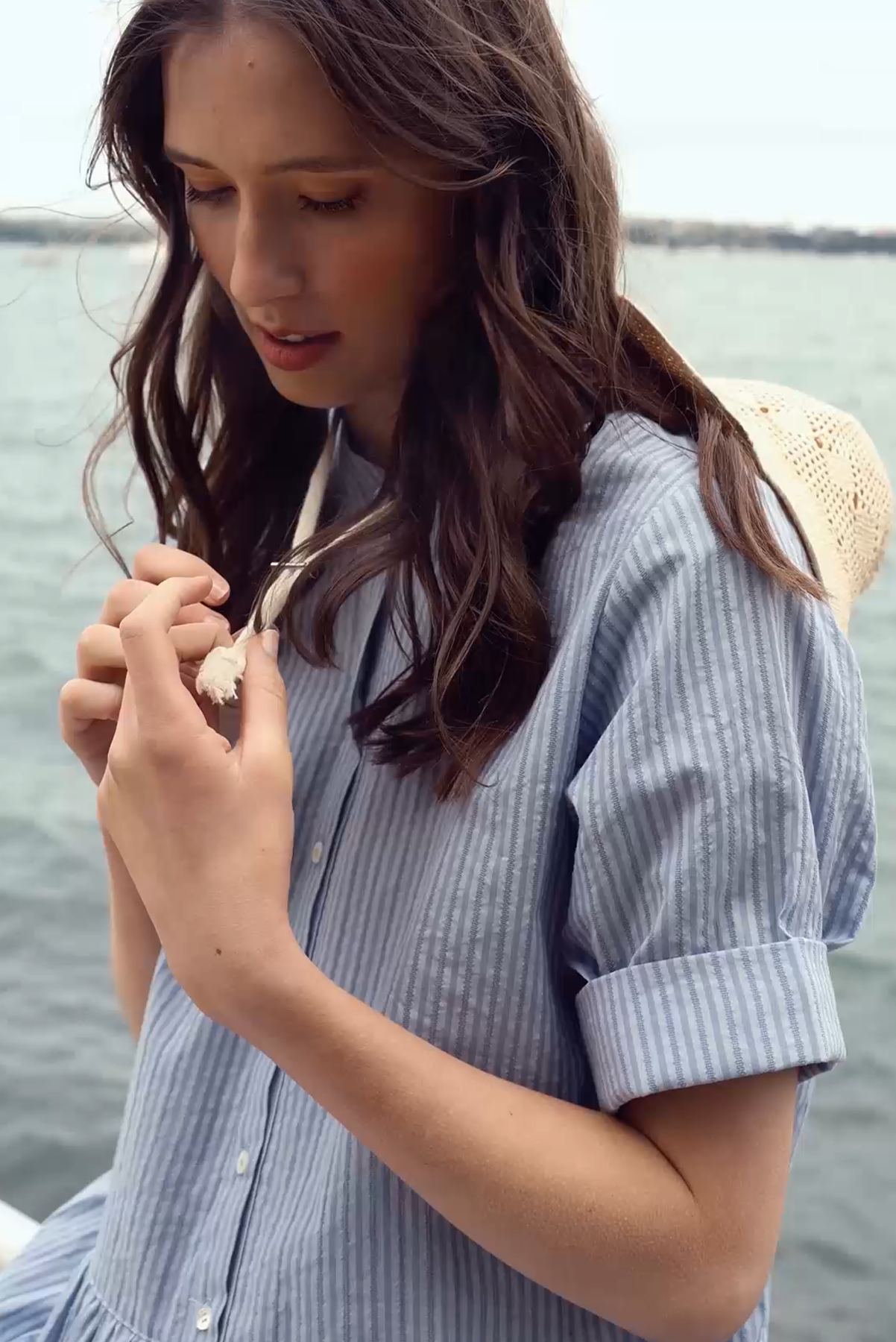 SILLS MONICA STRIPE DRESS COTTON LINEN BLUE SHIRT DRESS