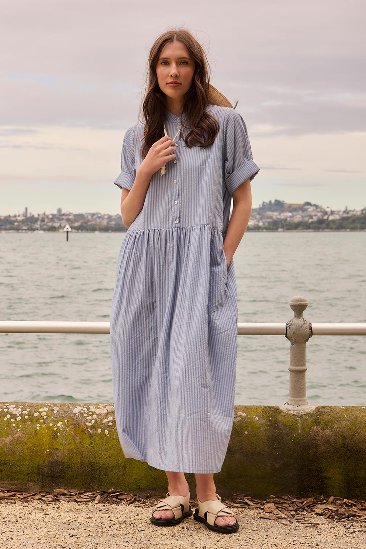SILLS MONICA STRIPE DRESS COTTON LINEN BLUE SHIRT DRESS