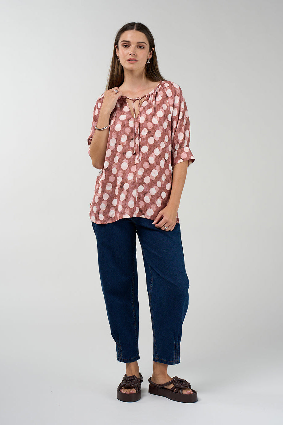 MADLY SWEETLY VISION BLOUSE VISCOSE RAYON TENSEL LINEN SPOT DOT TOP BLUE BROWN COCOA