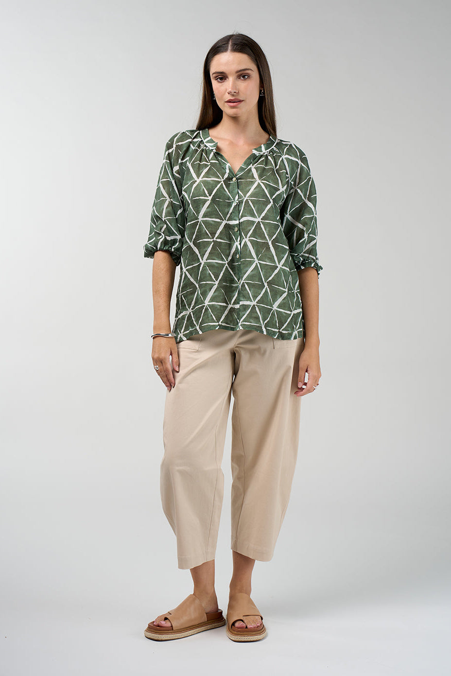 Prism button-down blouse in khaki and white geometric print with gathered neckline and puff sleeves