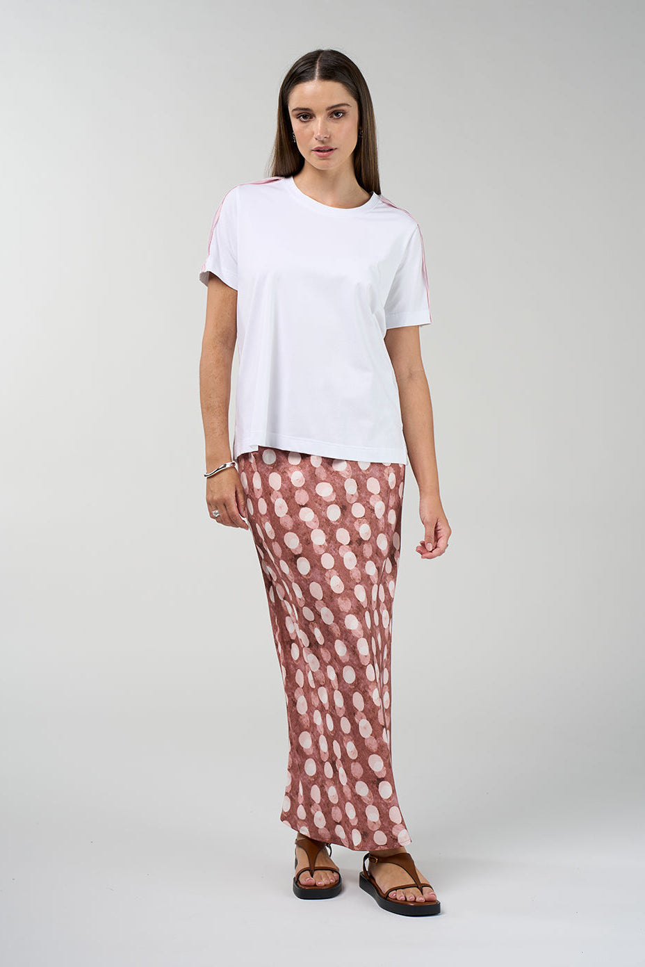 MADLY SWEETLY VISION SKIRT VISCOSE RAYON TENSEL LINEN SPOT DOT MAXI BIAS CUT SKIRT COCOA BROWN BLUE