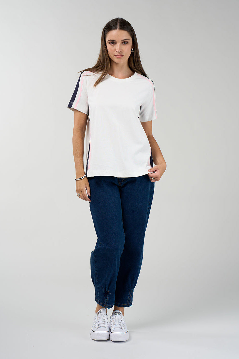 Contour Tee in white with navy and pink contrast side and shoulder stripes
