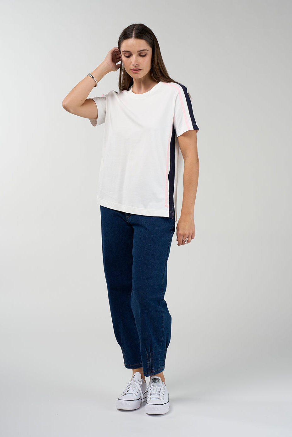 Contour Tee in white with navy and pink contrast side and shoulder stripes