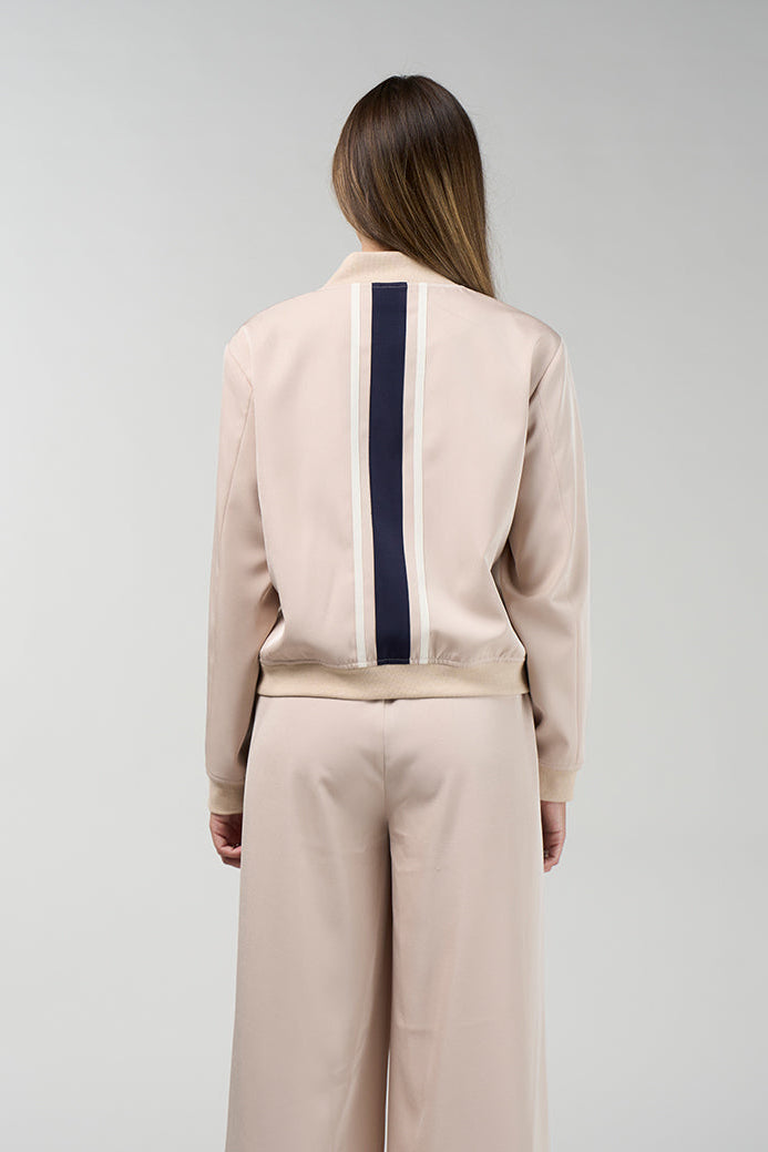 Contour bomber style Jacket in stone with navy and white stripe detail, zip front and patch pockets