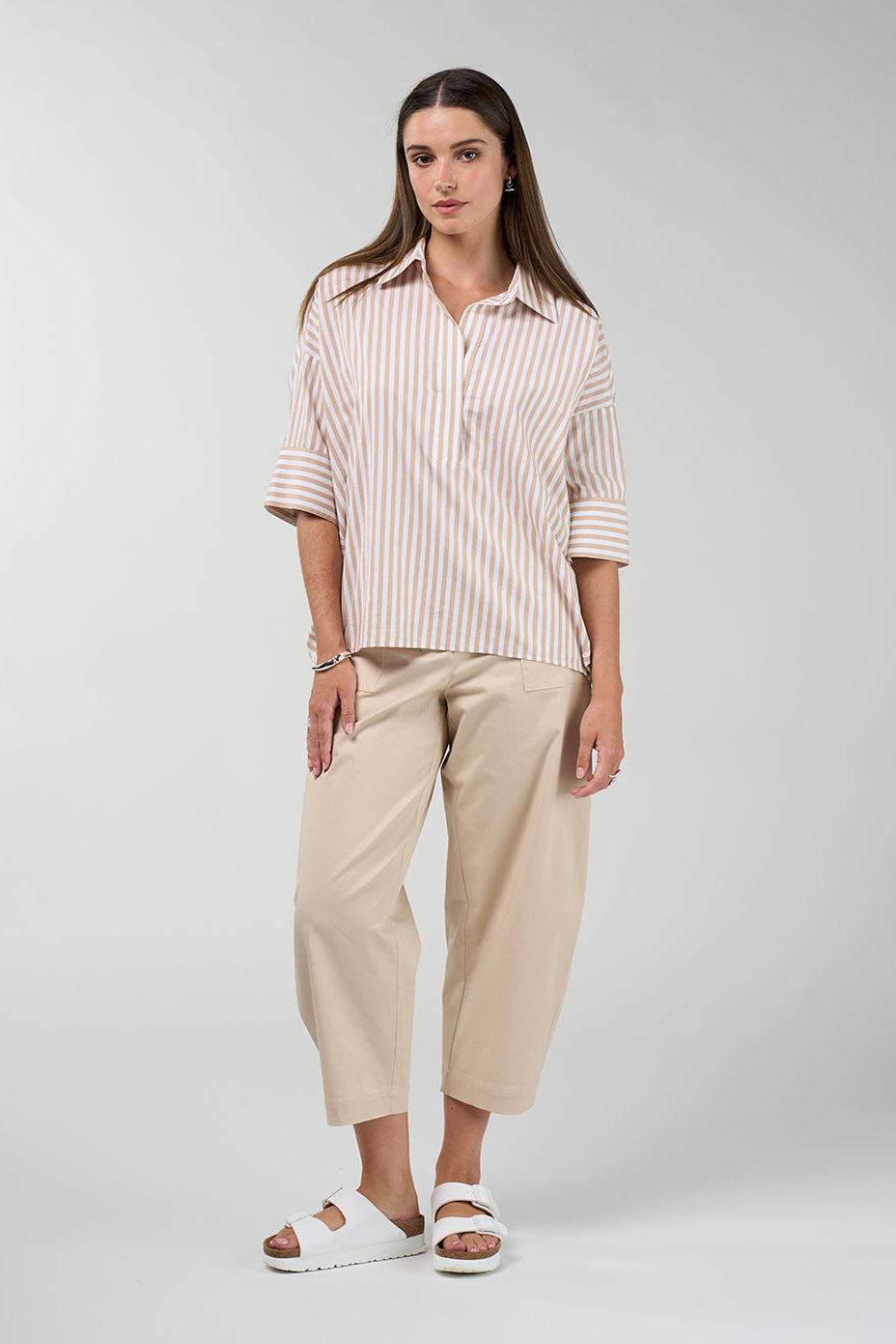 Connect Stripe Shirt with 3/4 sleeves in stone beige and white stripe