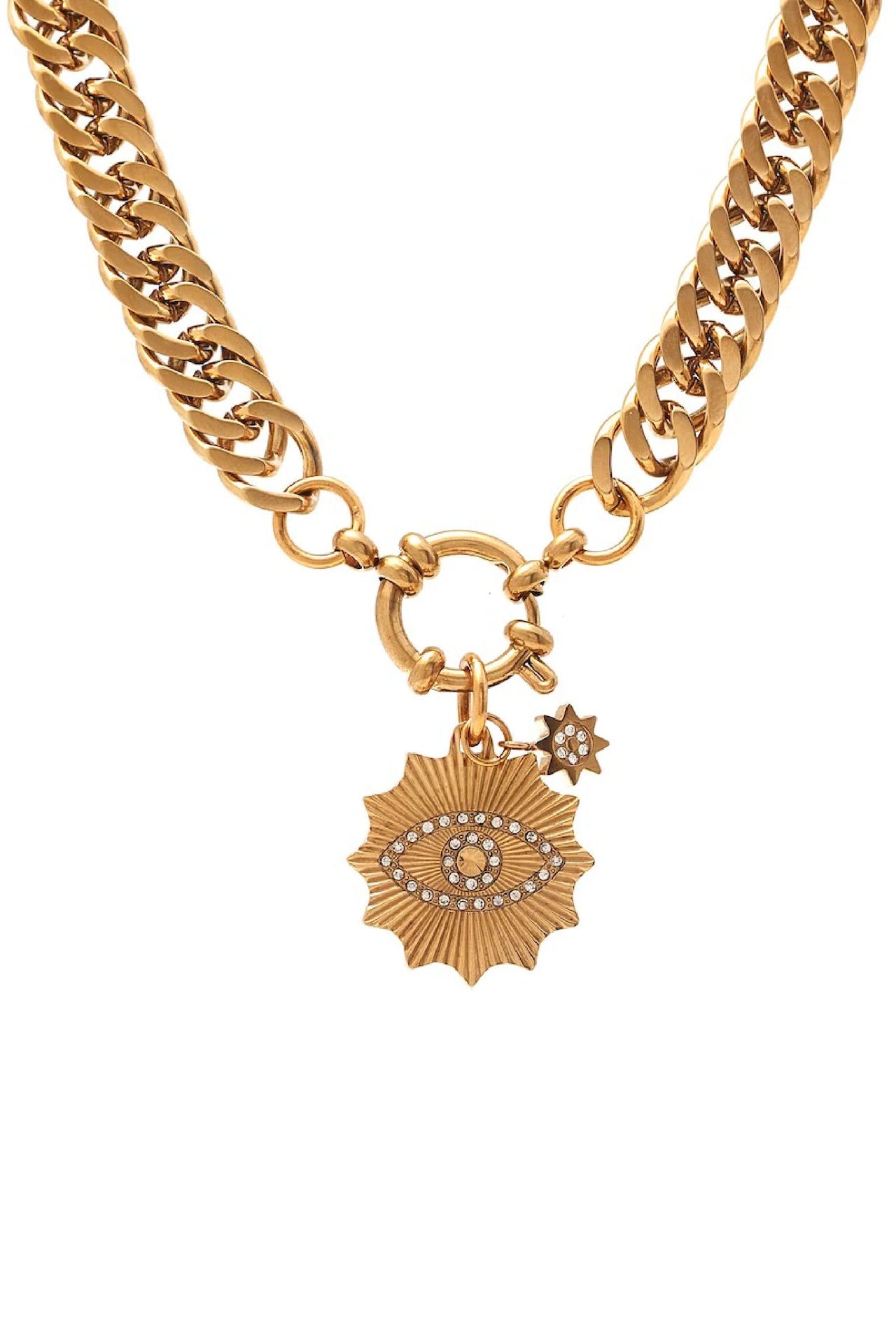 SILK AND STEEL NOVA NECKLACE GOLD NECKLACE CHUNKY CHAIN CURB CHAIN CHAIN NECKLACE EVIL EYE EVIL EYE CHARM SUNBURST CHARM CRYSTAL CHARM TOGGLE CLASP STATEMENT NECKLACE LAYERING NECKLACE CHARM NECKLACE GOLD JEWELLERY GOLD CHAIN BOLD JEWELLERY FASHION JEWELLERY PROTECTIVE SYMBOL LUCKY CHARM EYE PENDANT EVERYDAY JEWELLERY WOMENS JEWELLERY MODERN JEWELLERY LUXE STYLE MINIMAL GLAM LAYERING PIECE GOLD PENDANT CUBIC ZIRCONIA GIFT IDEA