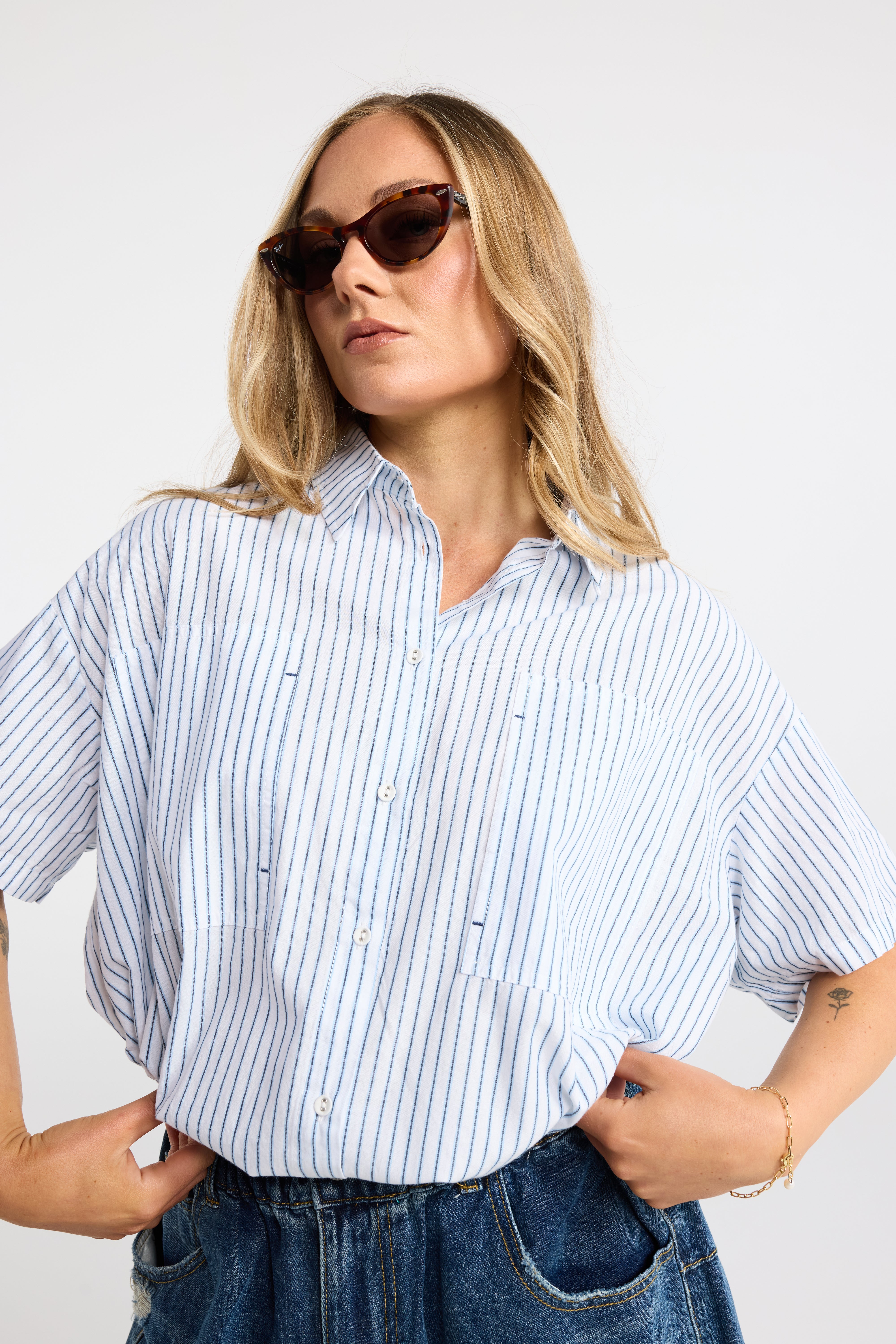 INK PAGES SHIRT BLUE/BROWN STRIPE WHITE/BLUE STRIPE COTTON SHIRT CROPPED SHIRT STRIPED SHIRT SUMMER SHIRT LIGHTWEIGHT SHIRT SHORT SLEEVE SHIRT GATHERED HEM SHIRT