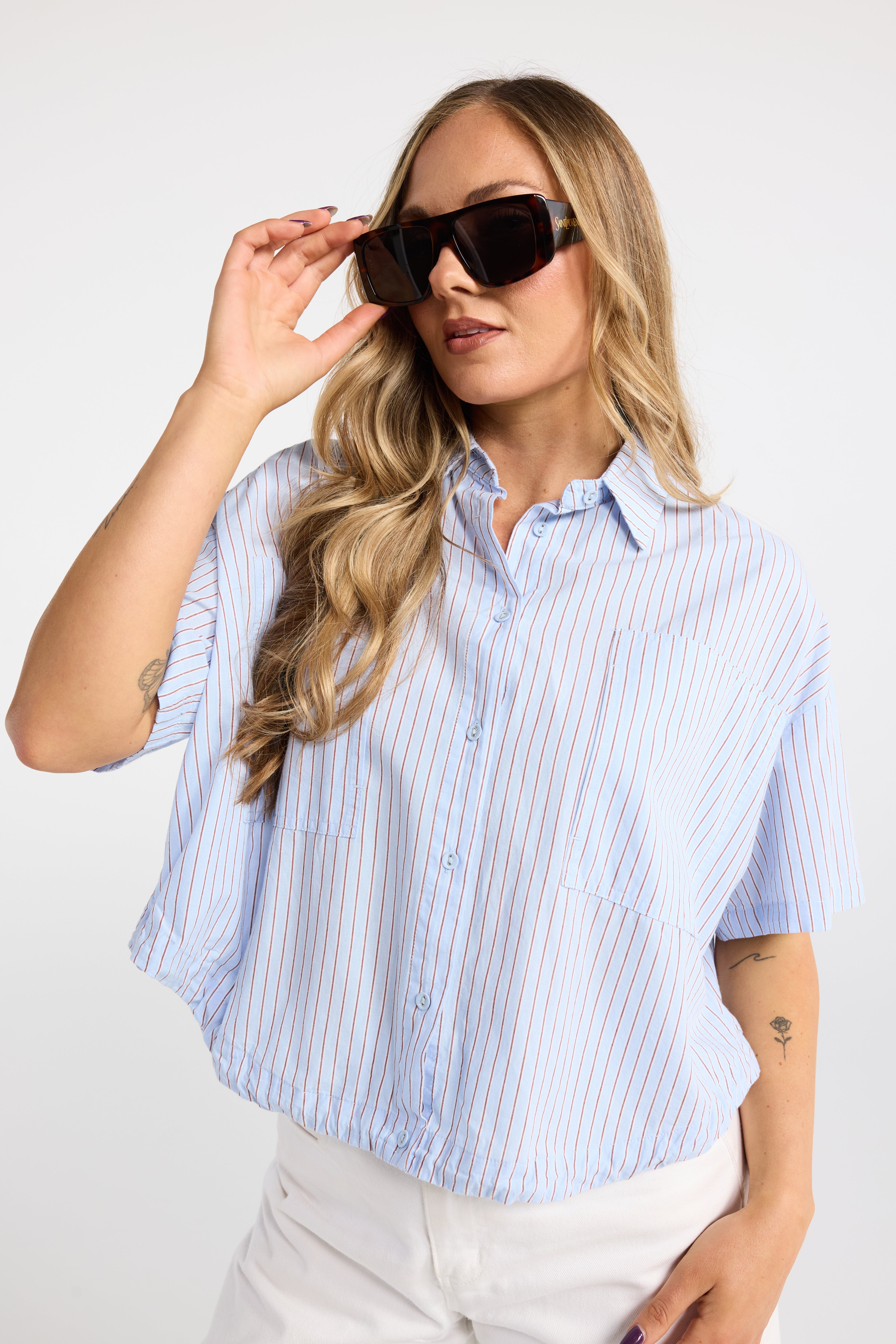 INK PAGES SHIRT BLUE/BROWN STRIPE WHITE/BLUE STRIPE COTTON SHIRT CROPPED SHIRT STRIPED SHIRT SUMMER SHIRT LIGHTWEIGHT SHIRT SHORT SLEEVE SHIRT GATHERED HEM SHIRT