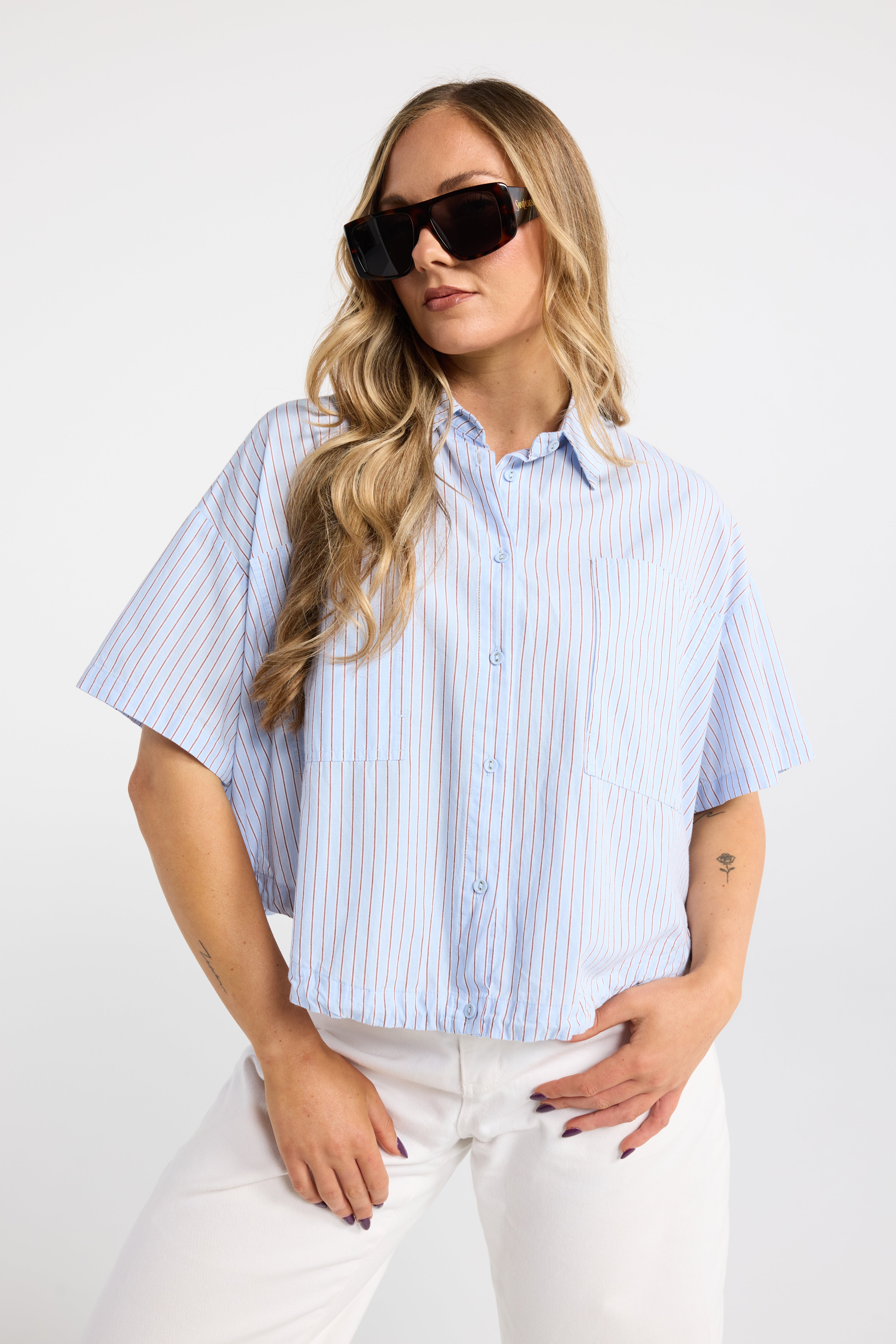 INK PAGES SHIRT BLUE/BROWN STRIPE WHITE/BLUE STRIPE COTTON SHIRT CROPPED SHIRT STRIPED SHIRT SUMMER SHIRT LIGHTWEIGHT SHIRT SHORT SLEEVE SHIRT GATHERED HEM SHIRT